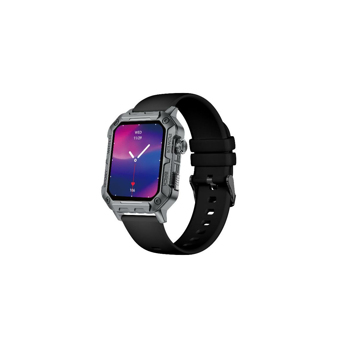 Smartwatch grigio con cinturino nero e display colorato che mostra data e ora.