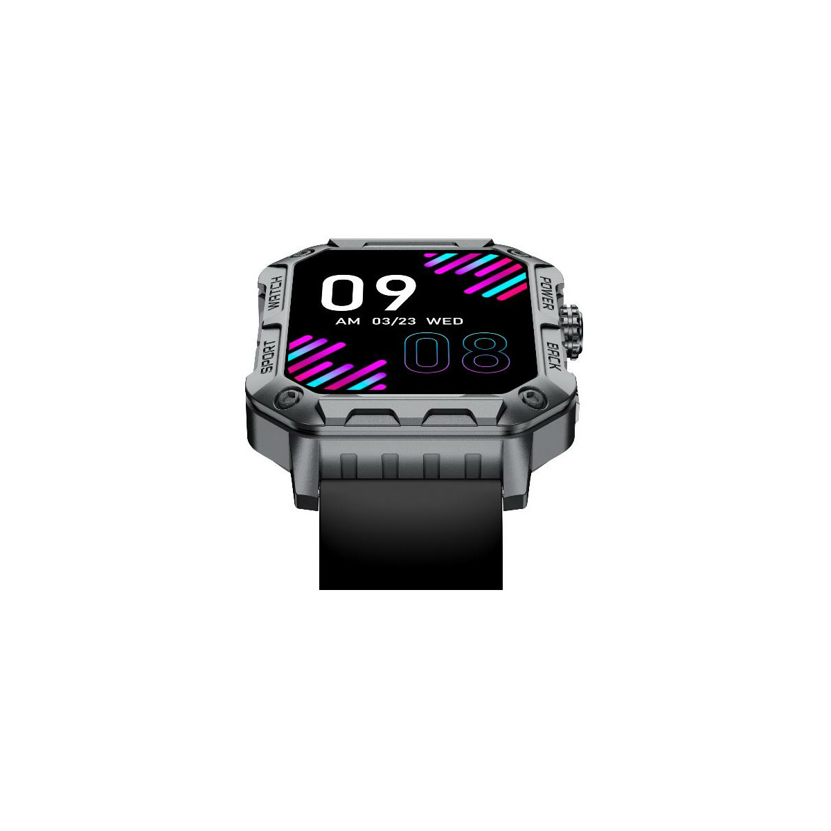 Smartwatch grigio con cinturino nero e display digitale che mostra 09:08 del 23 marzo.