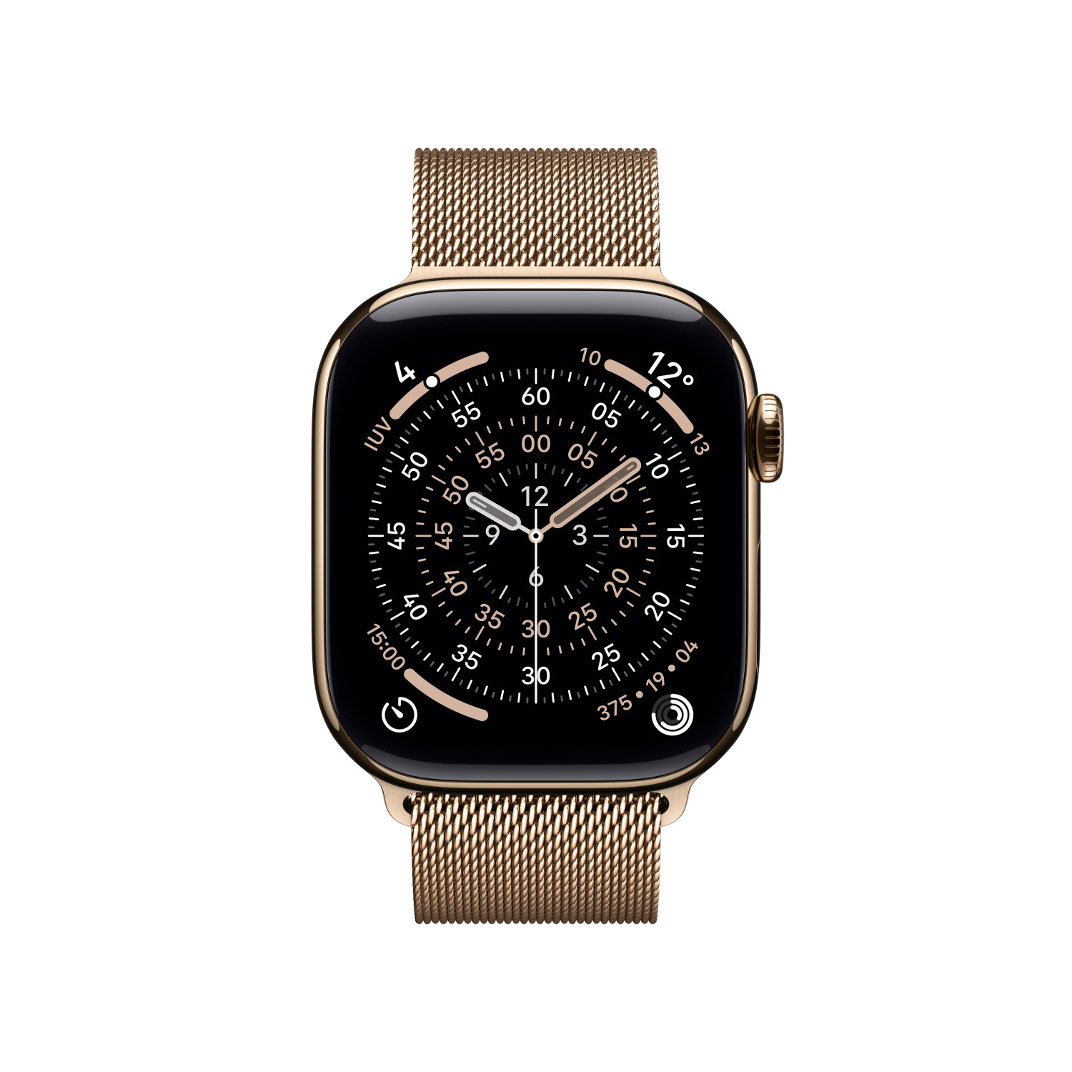 Reloj inteligente dorado con correa milanesa y esfera negra.