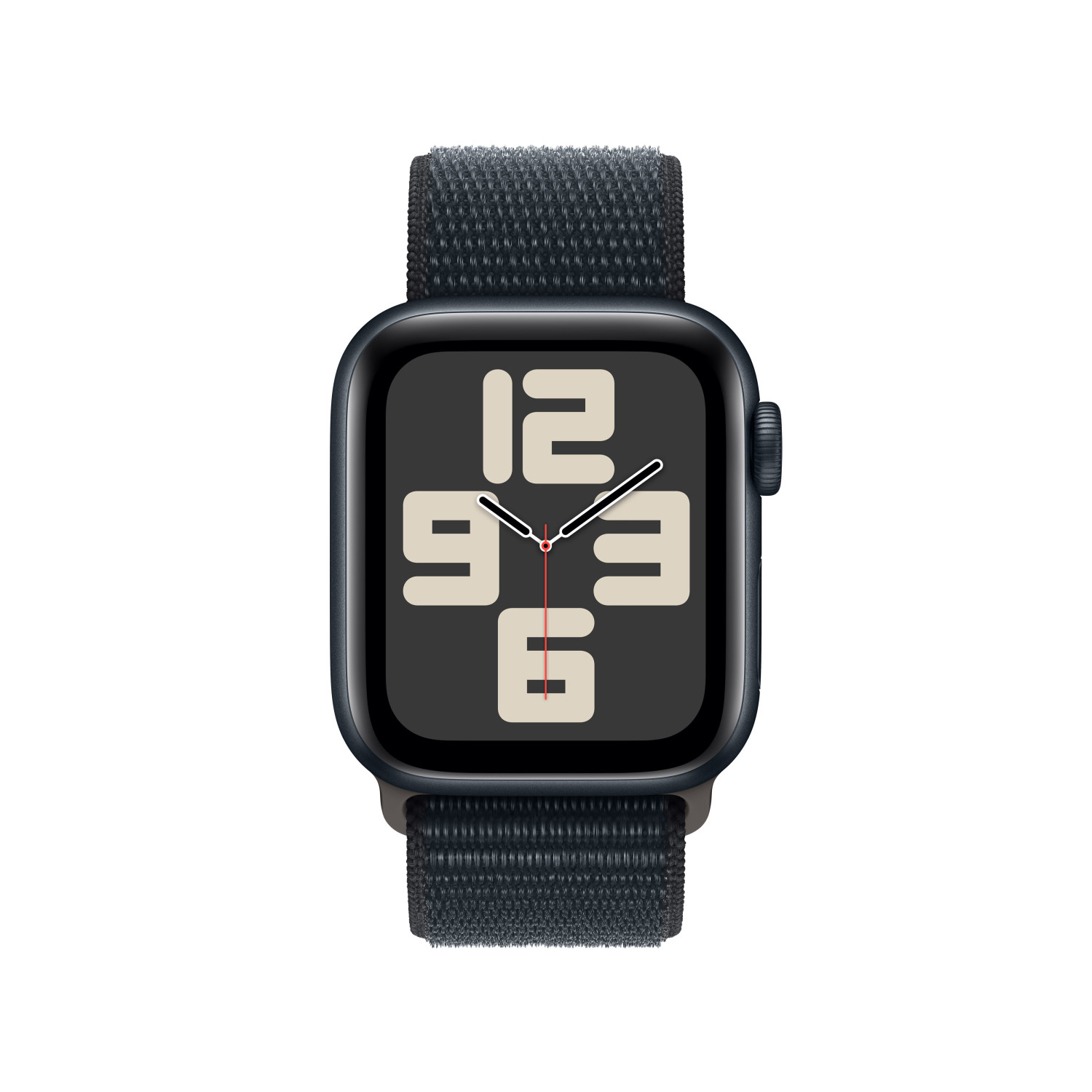 Uno smartwatch scuro con cinturino in tessuto e quadrante con numeri bianchi.