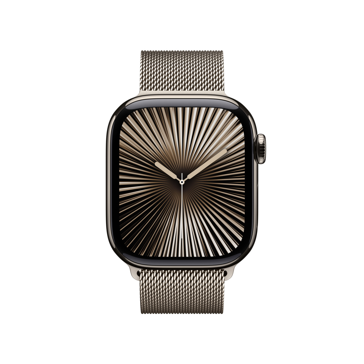 Uno smartwatch dorato con cinturino a loop milanese e quadrante a motivo radiale.