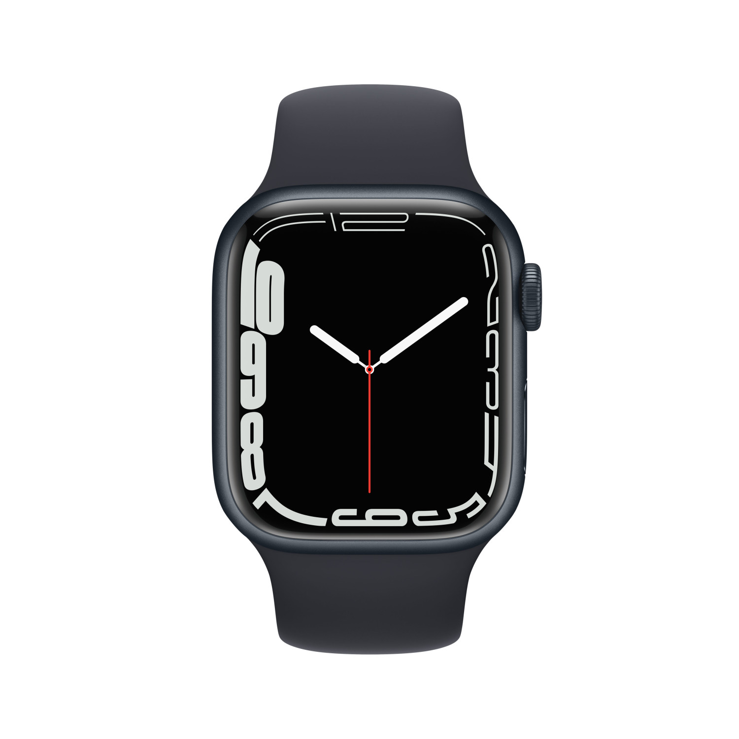 Un reloj inteligente oscuro con esfera negra y números blancos.