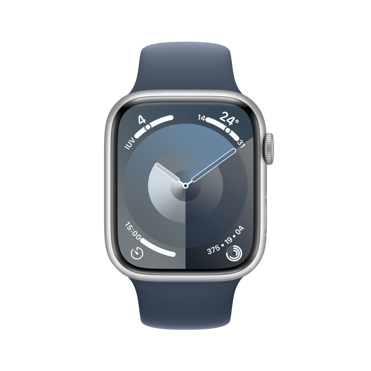 Orologio smart argento con cinturino blu, quadrante grigio che mostra 15:00, 24°C, 375 passi.