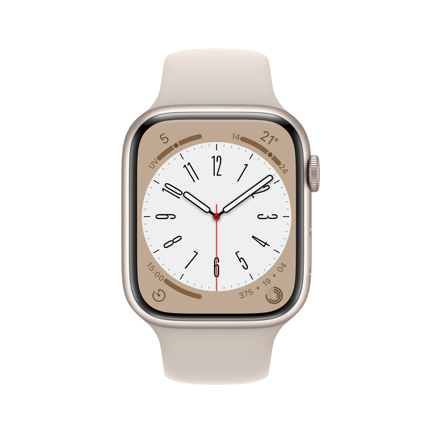 Un Apple Watch beige claro con esfera blanca muestra las 11:07. La pantalla muestra UV, temp. y actividad.