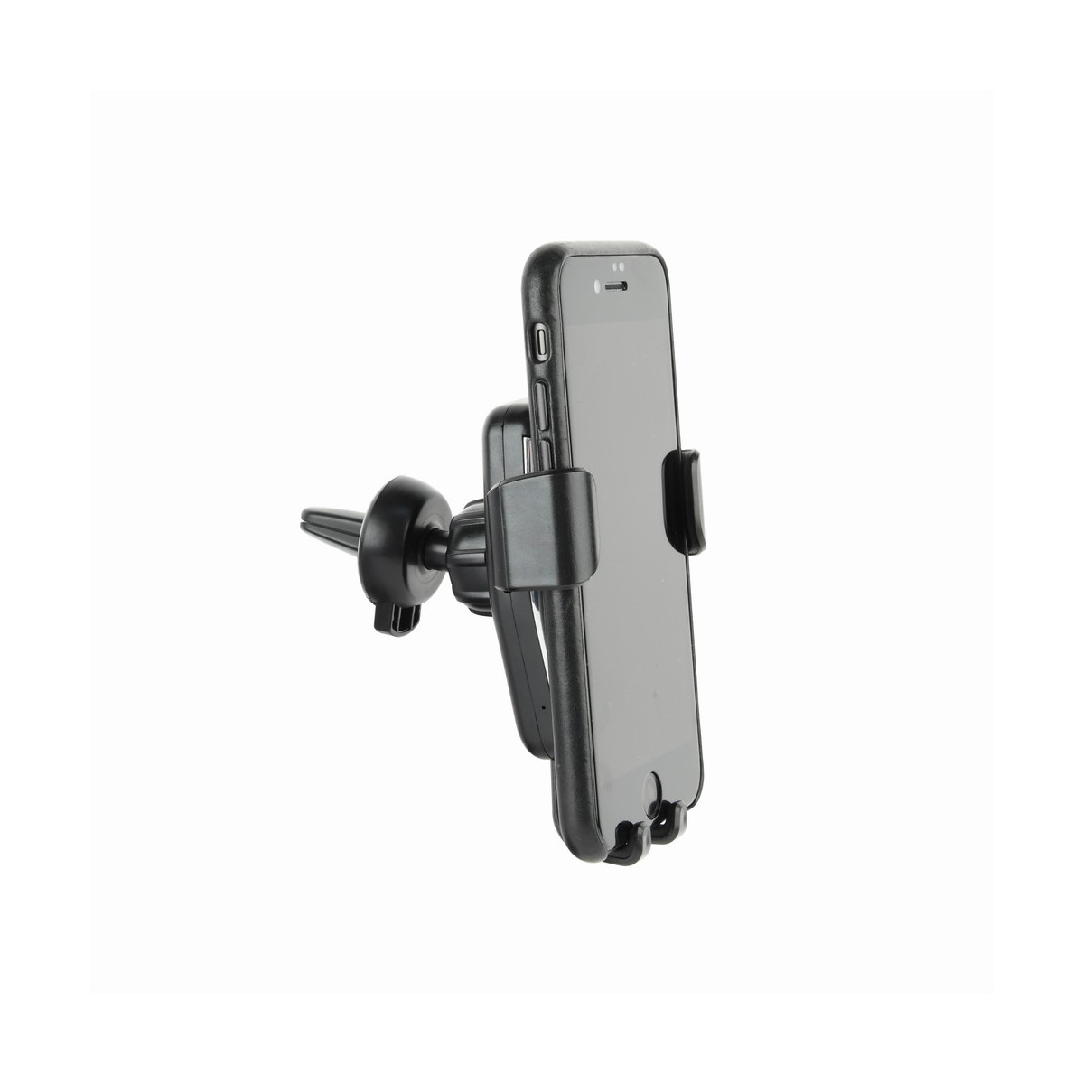 Un support de téléphone de voiture noir tenant un smartphone, isolé sur blanc.
