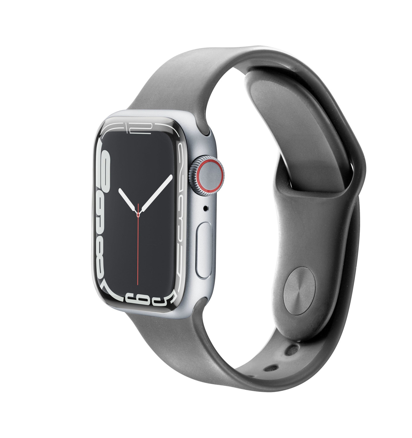 Uno smartwatch argentato con quadrante scuro e cinturino grigio.