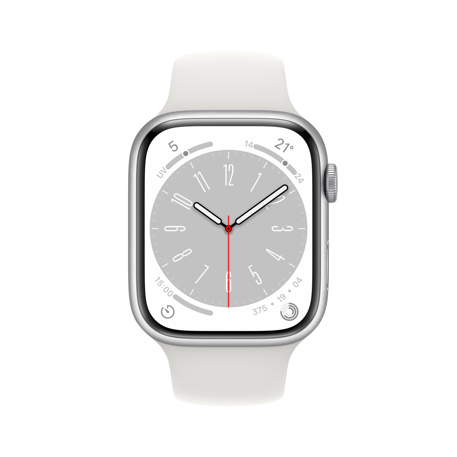 Un reloj inteligente blanco con caja plateada y esfera gris.