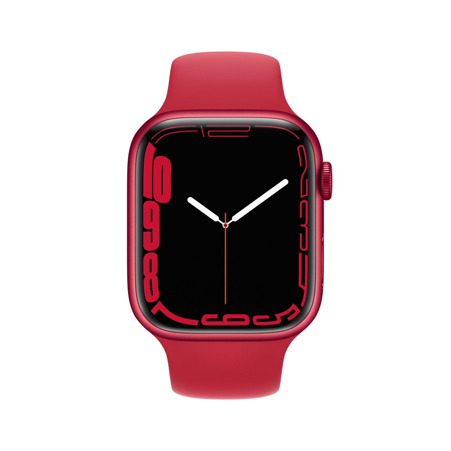 Un reloj inteligente rojo con pantalla negra y números rojos.