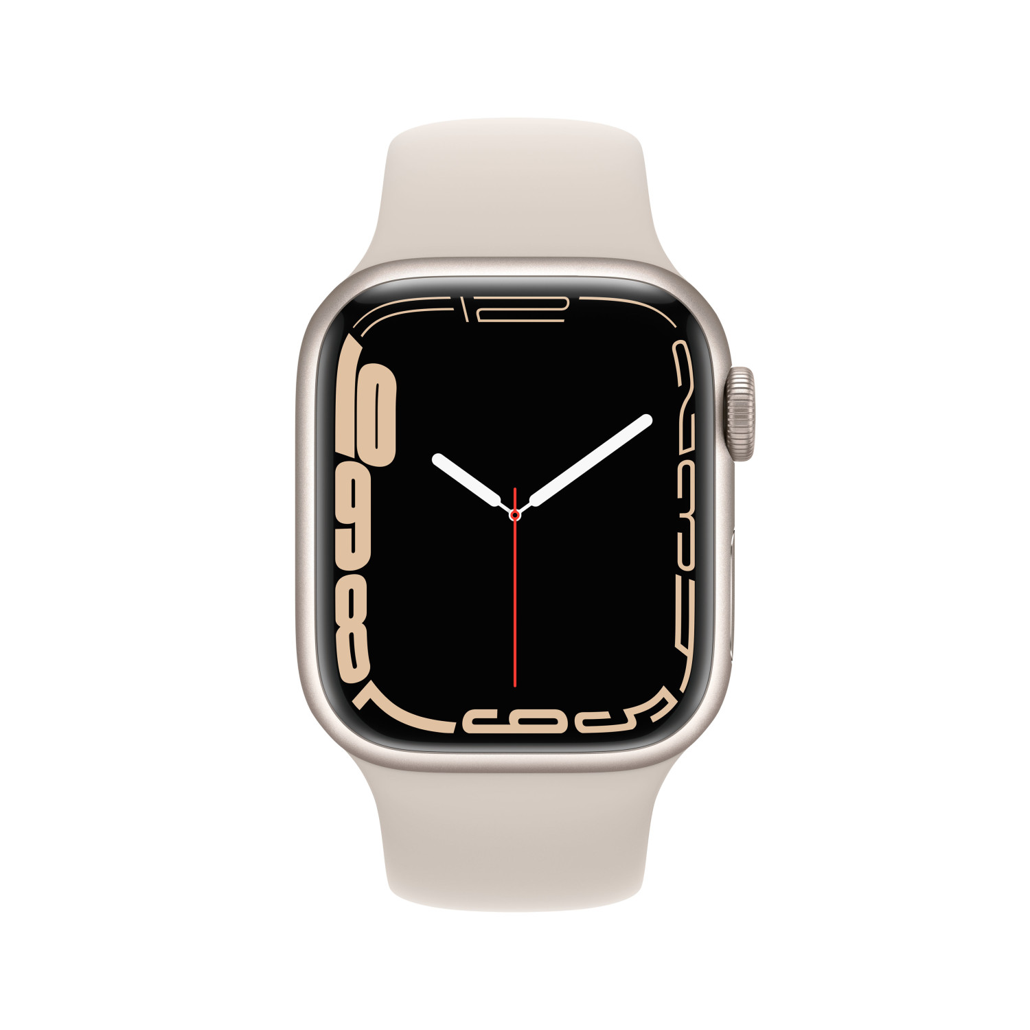 Eine helle Smartwatch mit schwarzem Zifferblatt und weißem Zeiger.