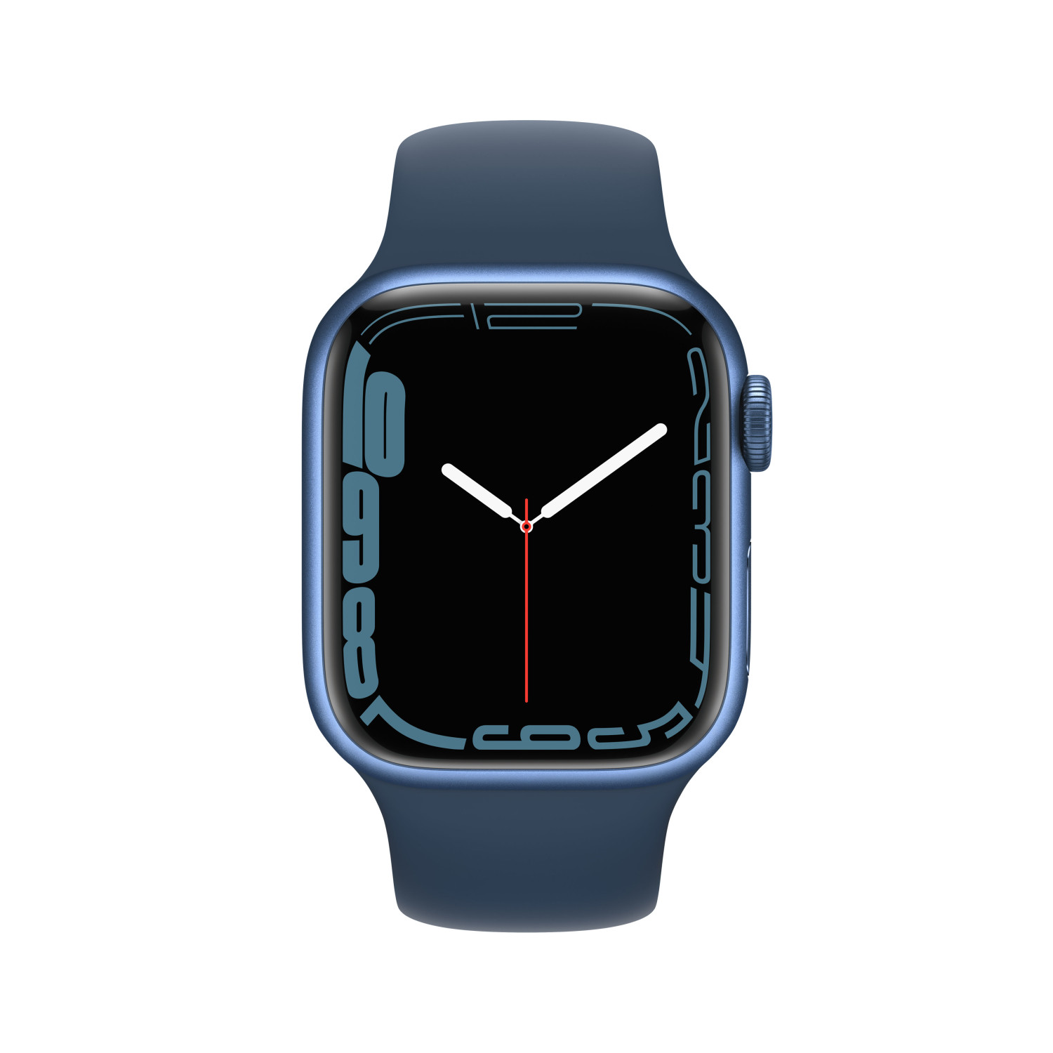 Eine blaue Smartwatch mit schwarzem Zifferblatt und weißen Zeigern.