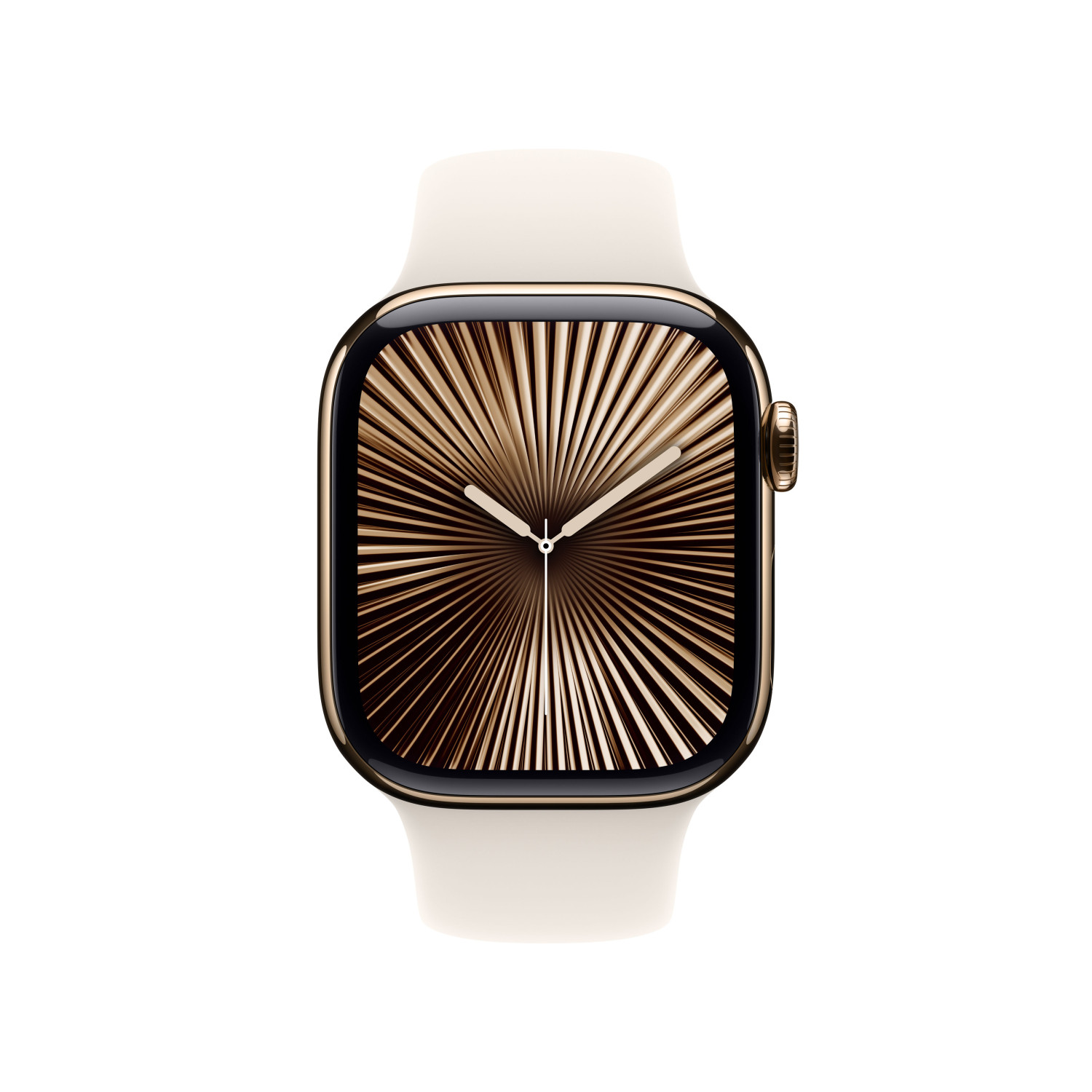 Apple Watch oro con cinturino bianco e quadrante a raggiera.