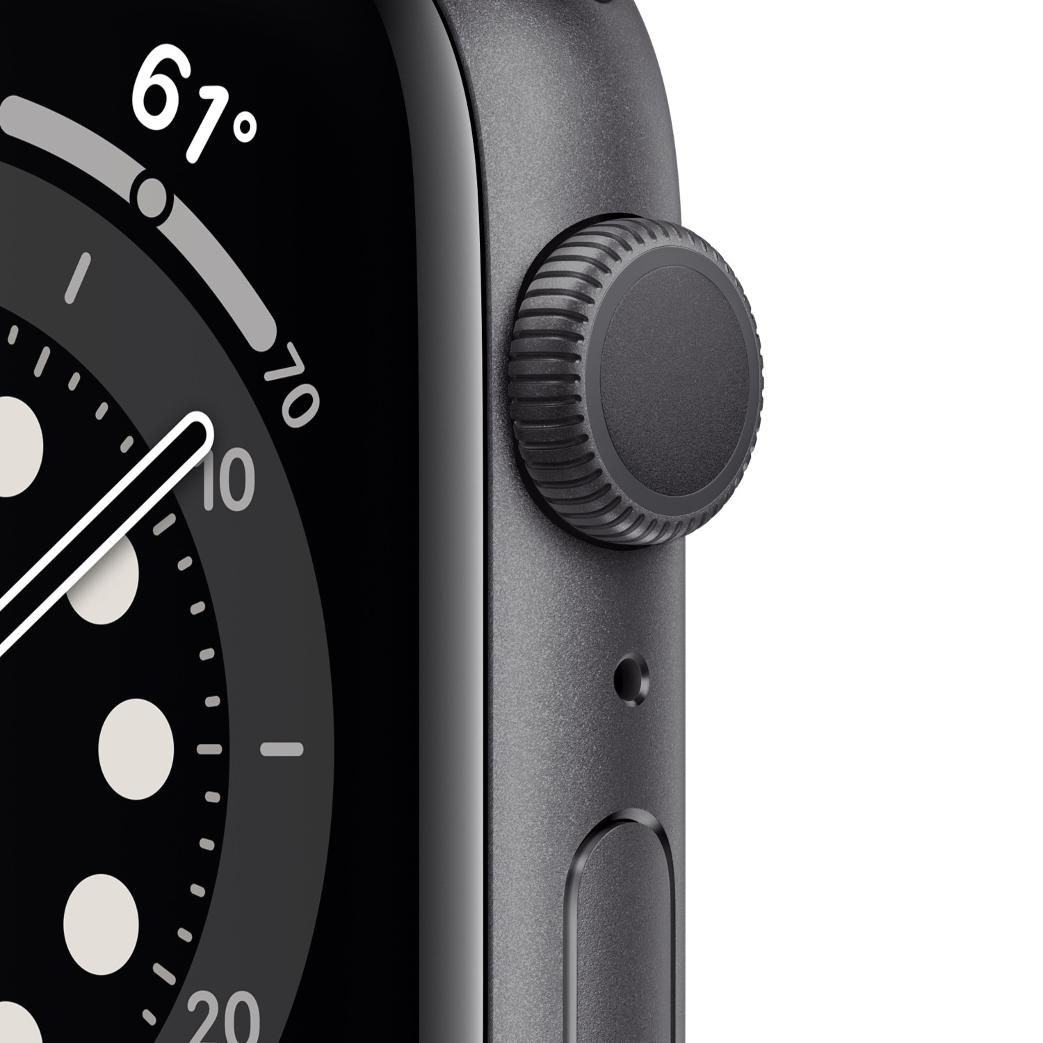 Primer plano de la esfera de un reloj inteligente gris oscuro que muestra 61 grados y un dial giratorio.