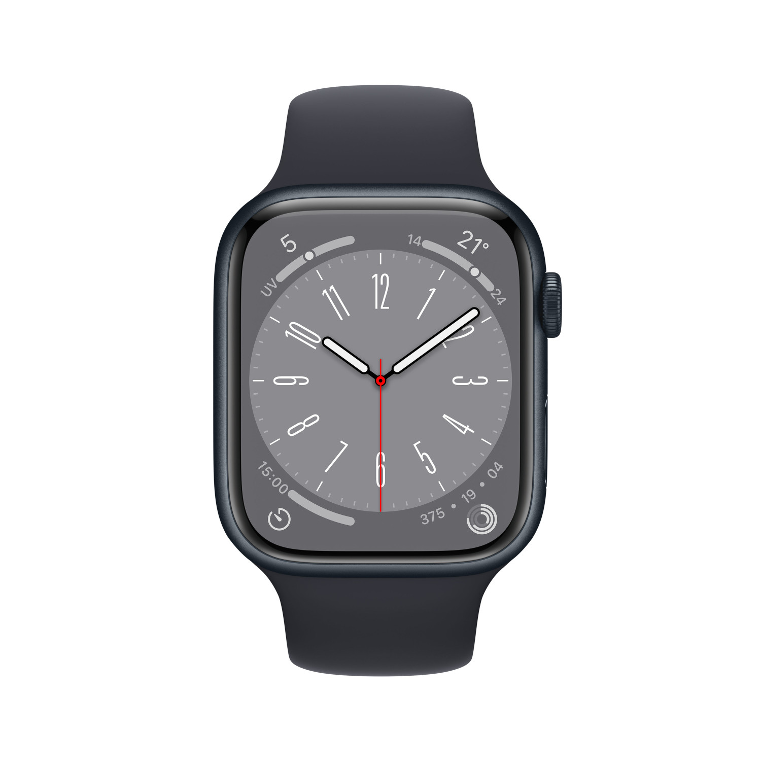 Un Apple Watch gris oscuro con banda gris muestra hora, UV y temperatura.