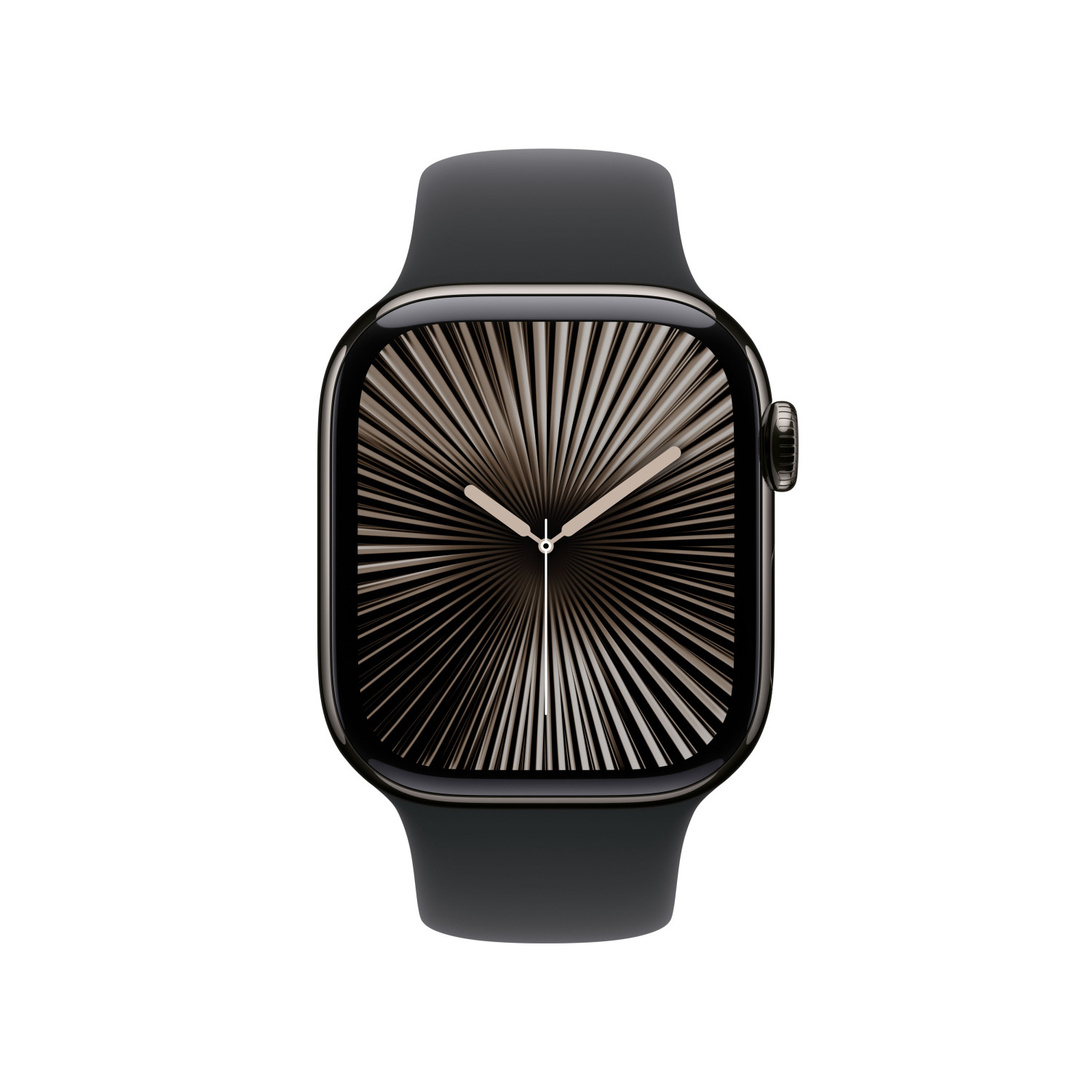Uno smartwatch scuro con un quadrante stilizzato che assomiglia a un motivo a raggiera.