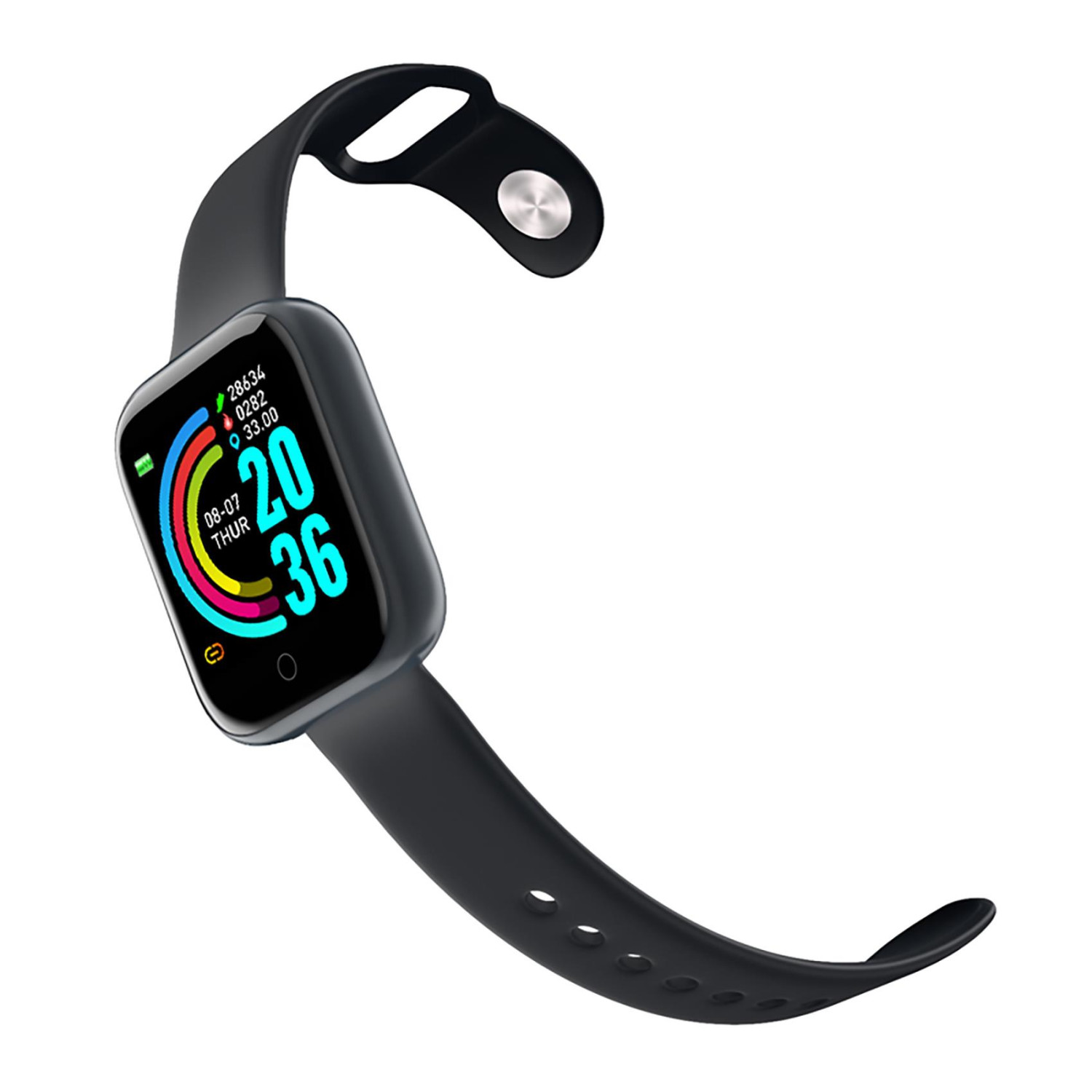 Uno smartwatch digitale nero con display colorato che mostra ora e statistiche fitness.