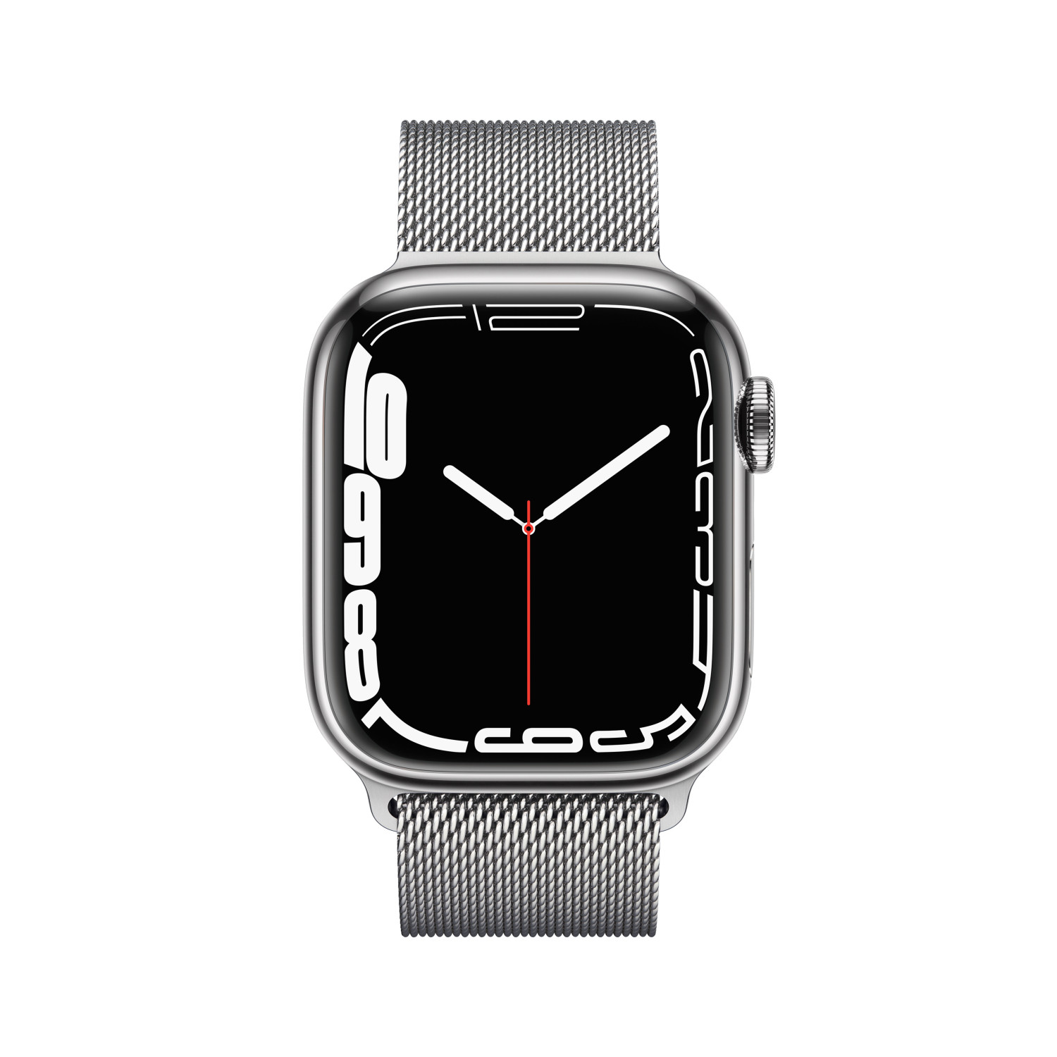 Eine silberne Apple Watch mit Milanese Loop-Armband auf weißem Hintergrund.