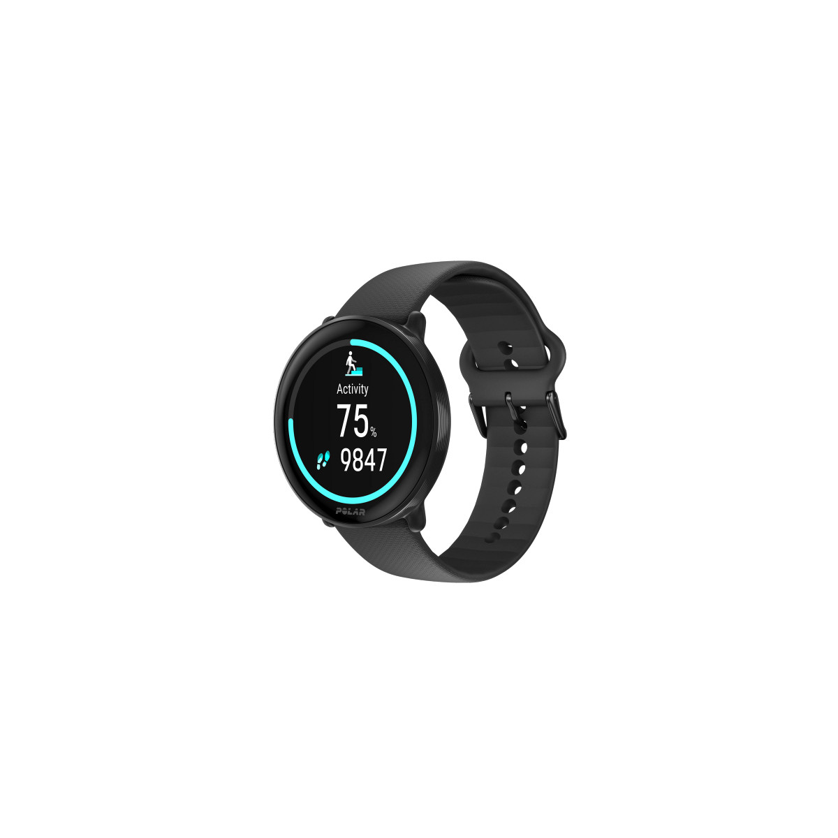 Czarny smartwatch pokazujący aktywność: 75% i 9847 kroków.