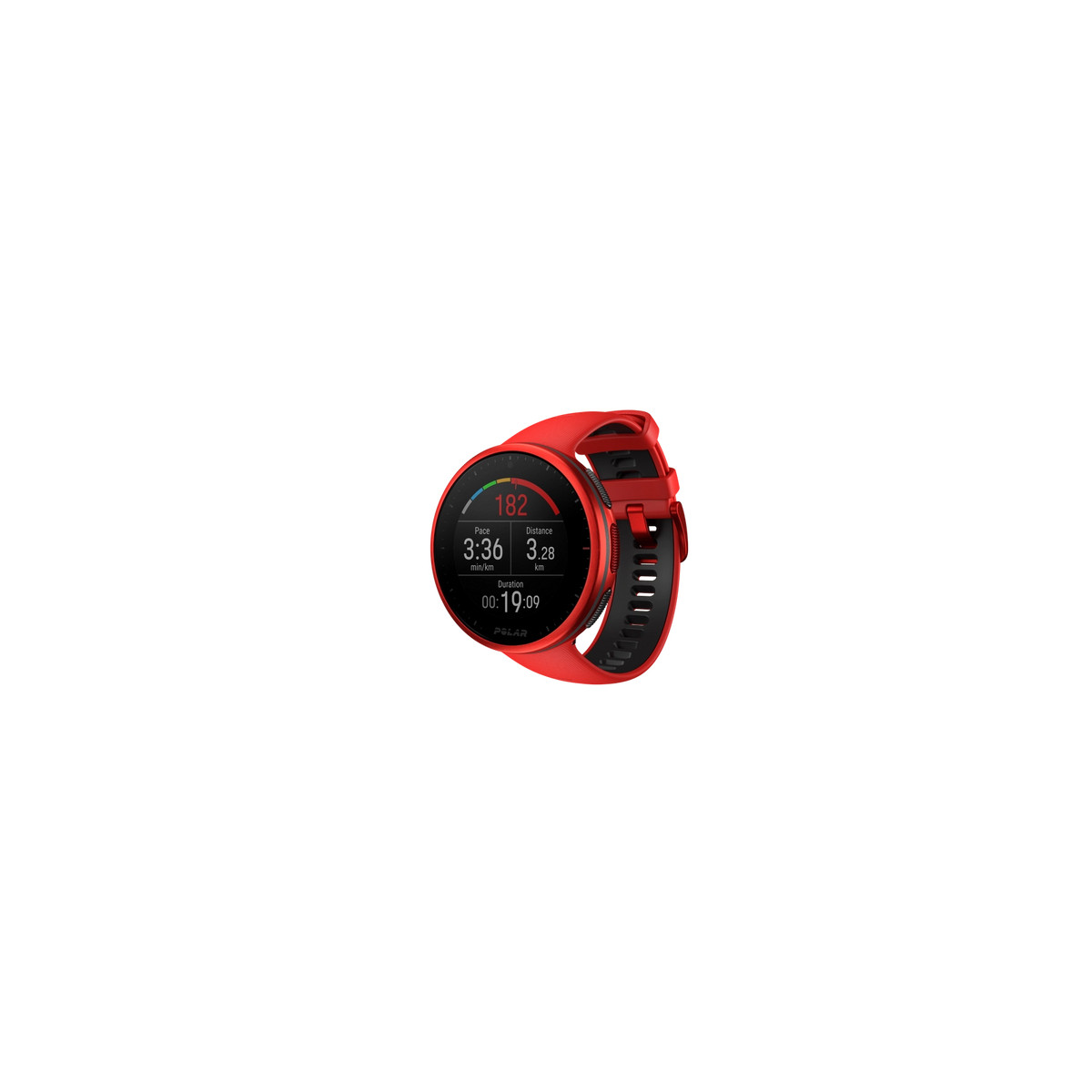 Orologio smart rosso con cinturino nero, mostra 182 bpm, Ritmo 3:36, Distanza 3,28 km, Durata 00:19:09.