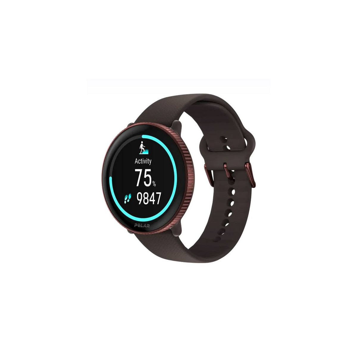 Reloj inteligente marrón oscuro con bisel plateado mostrando datos.