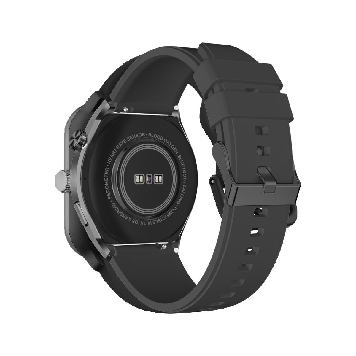 Rückansicht einer schwarzen Smartwatch mit Herzfrequenz- und Blutsauerstoffsensoren.