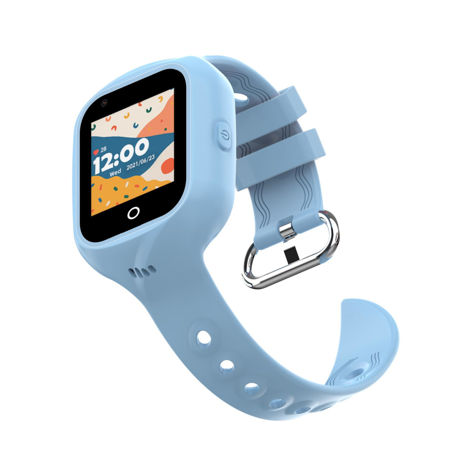 Uno smartwatch azzurro con display digitale che mostra l'ora 12:00 e la data.