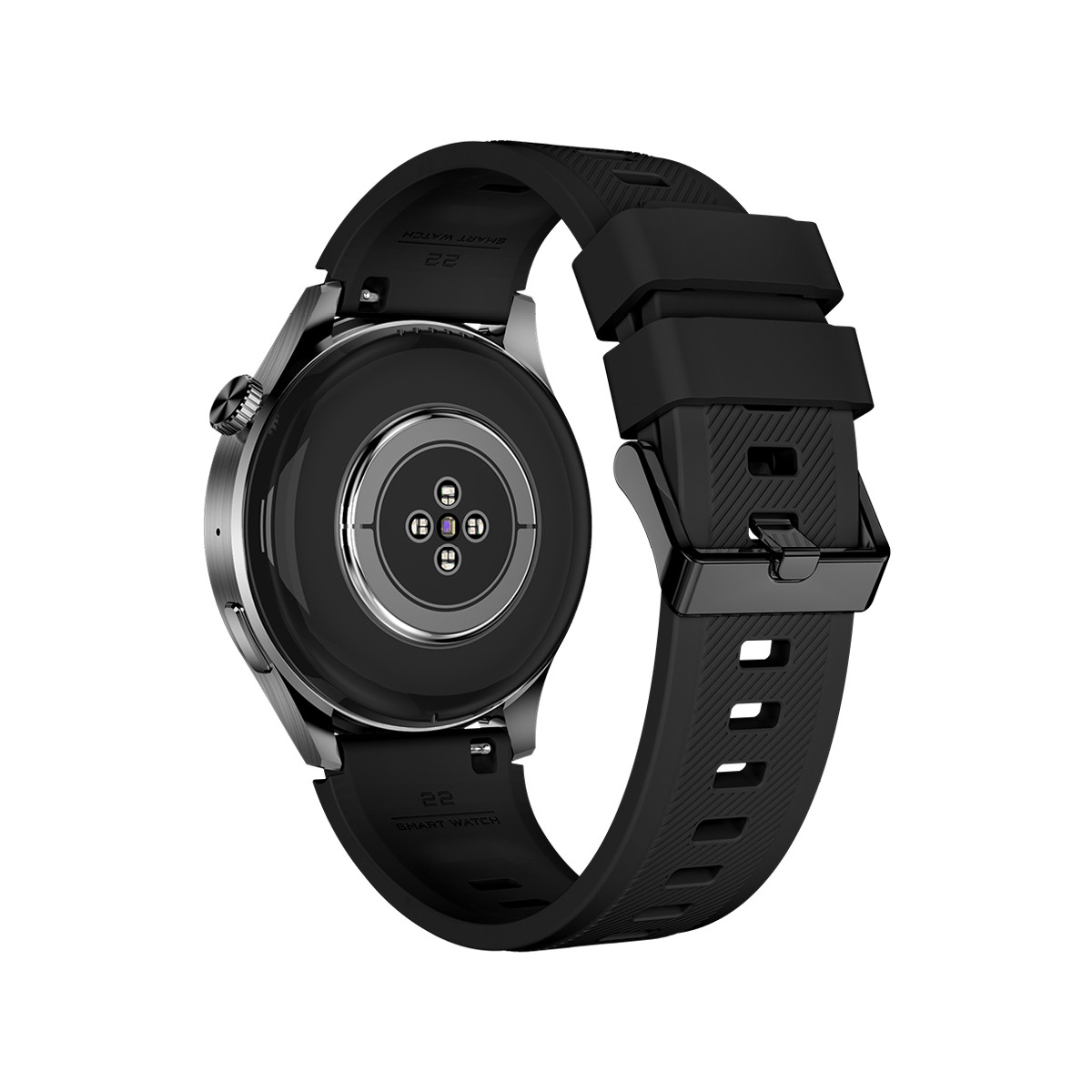 Rückseite einer schwarzen Smartwatch mit Ladekontakten und einem Silikonarmband.