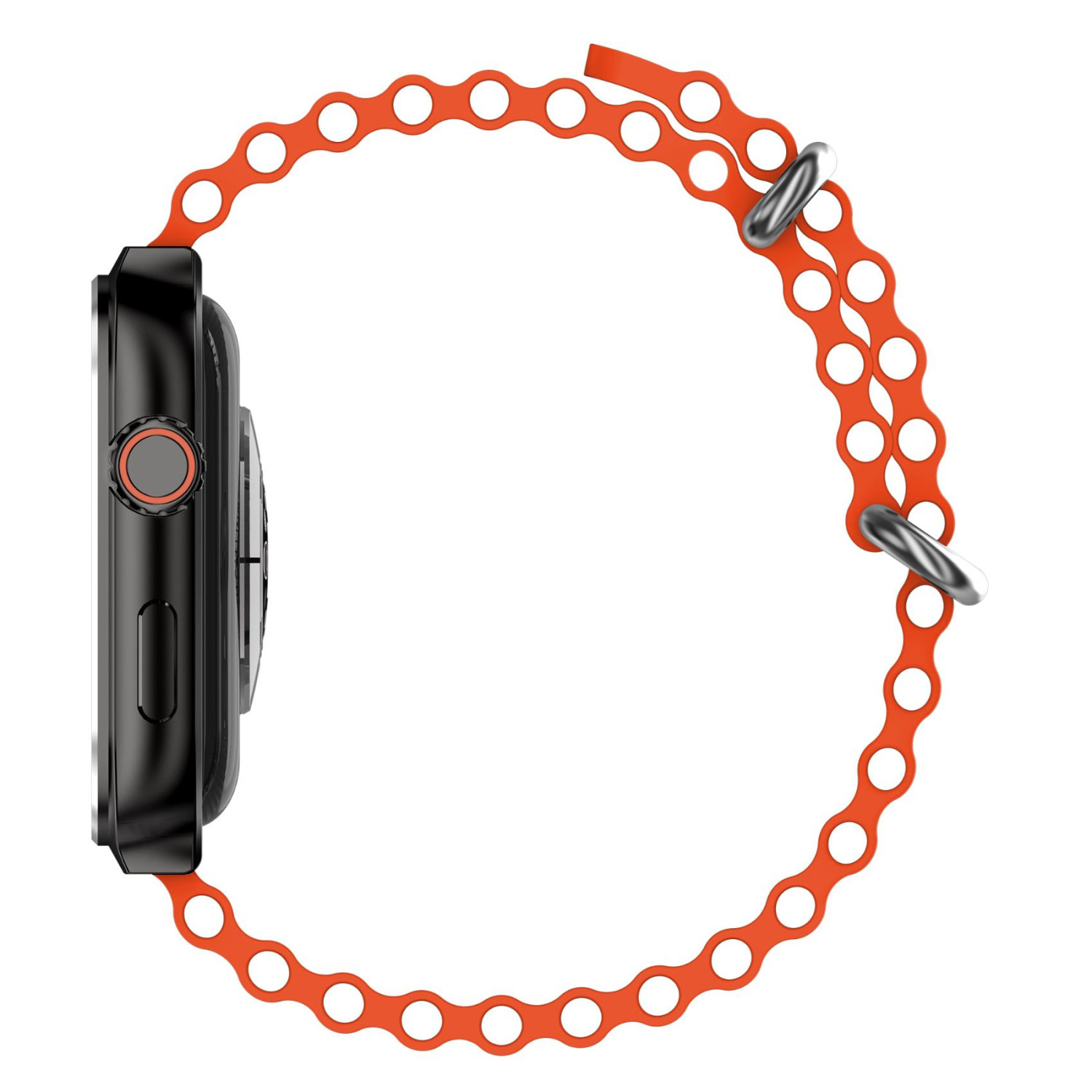 Smartwatch nero con cinturino arancione traforato e chiusura in metallo.