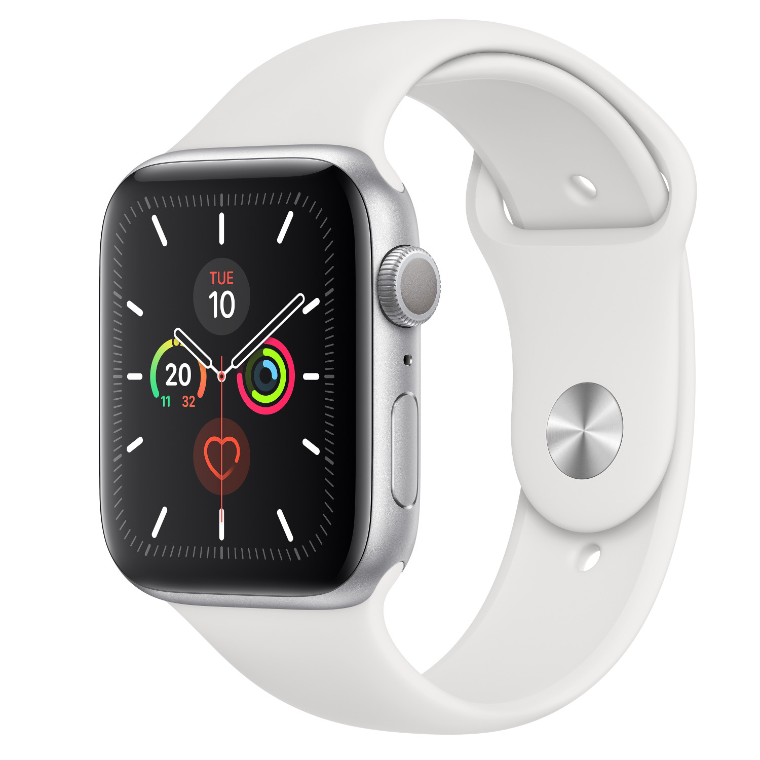 Un Apple Watch blanco con caja plateada y correa blanca.