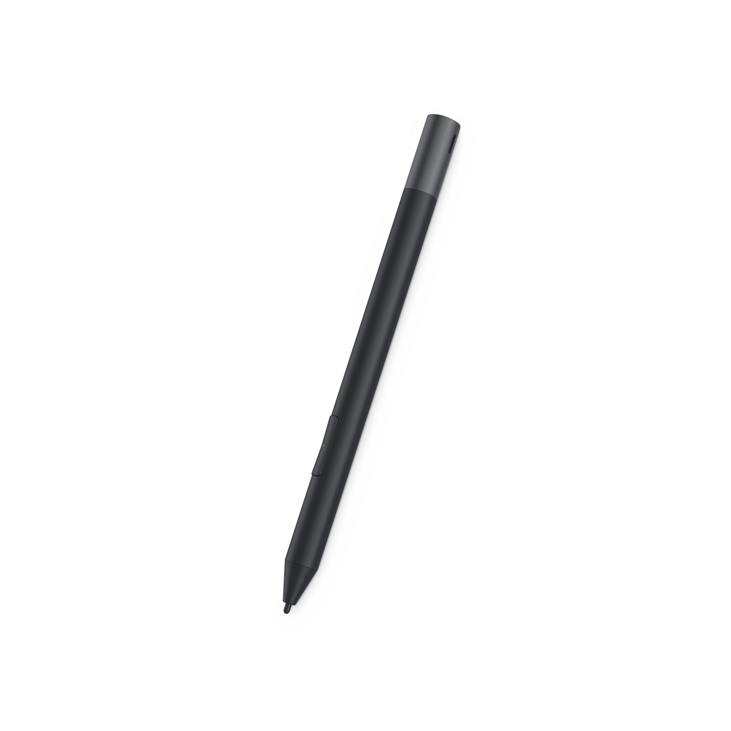 Ein schwarzer Eingabestift mit silbernem Griff liegt diagonal auf weißem Hintergrund.