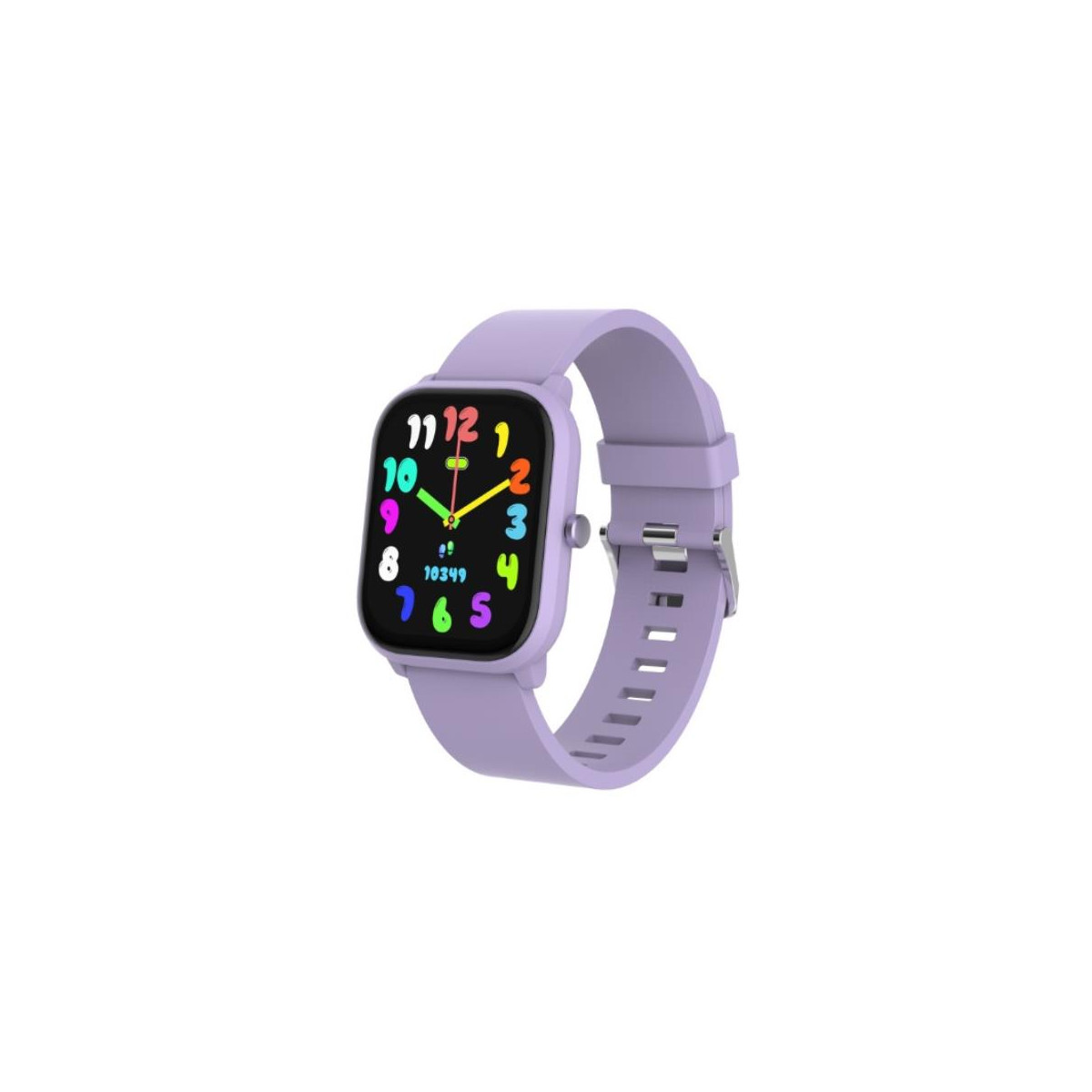 Un reloj inteligente morado con esfera de reloj analógica colorida y pantalla de pasos.