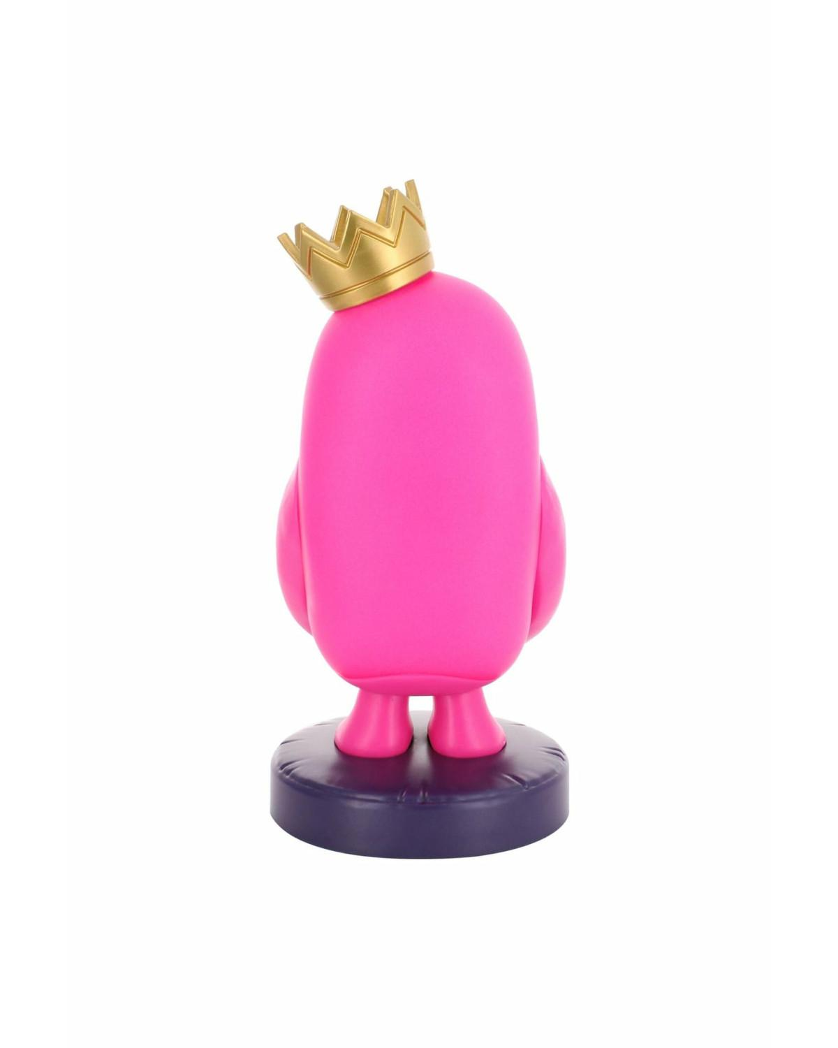 Una figura rosa con corona dorata su base circolare viola.