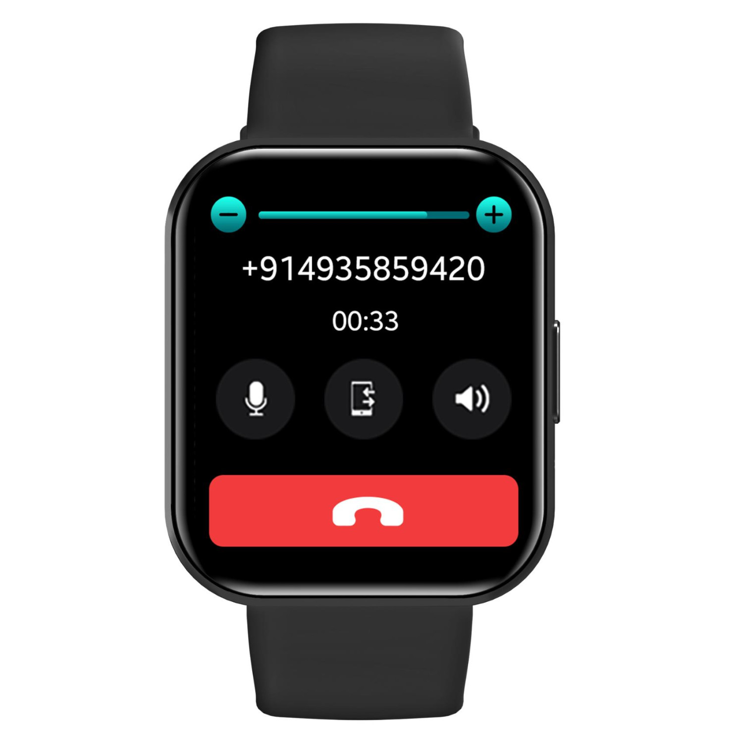 Un display di smartwatch nero mostra una chiamata in arrivo con numero e controlli.