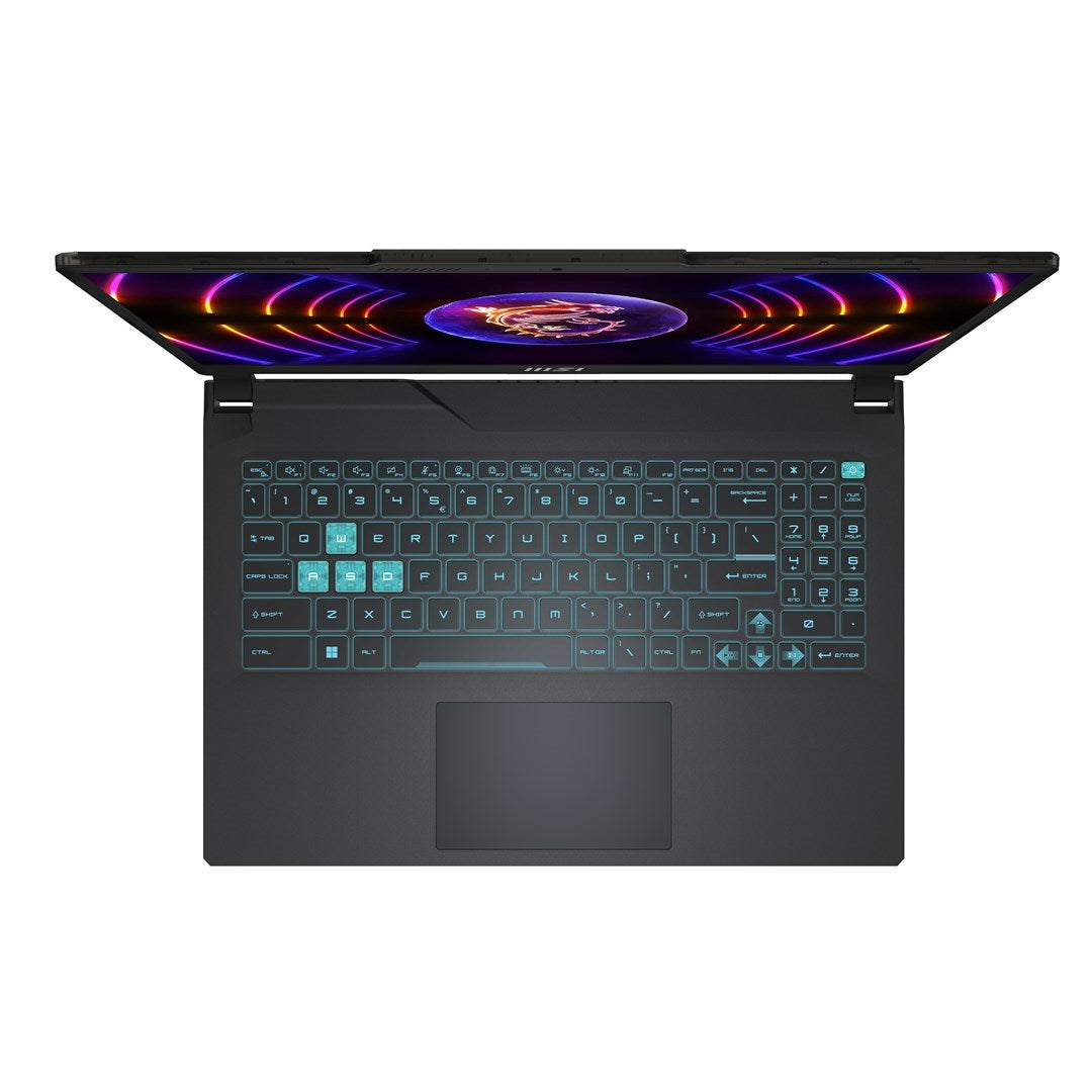 Otwarty laptop z podświetlaną klawiaturą i stylową tapetą.