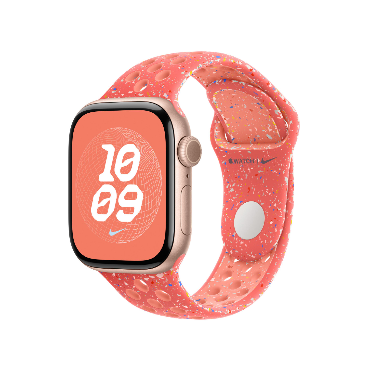 Uno smartwatch rosa con cinturino maculato multicolore e quadrante 10:09.