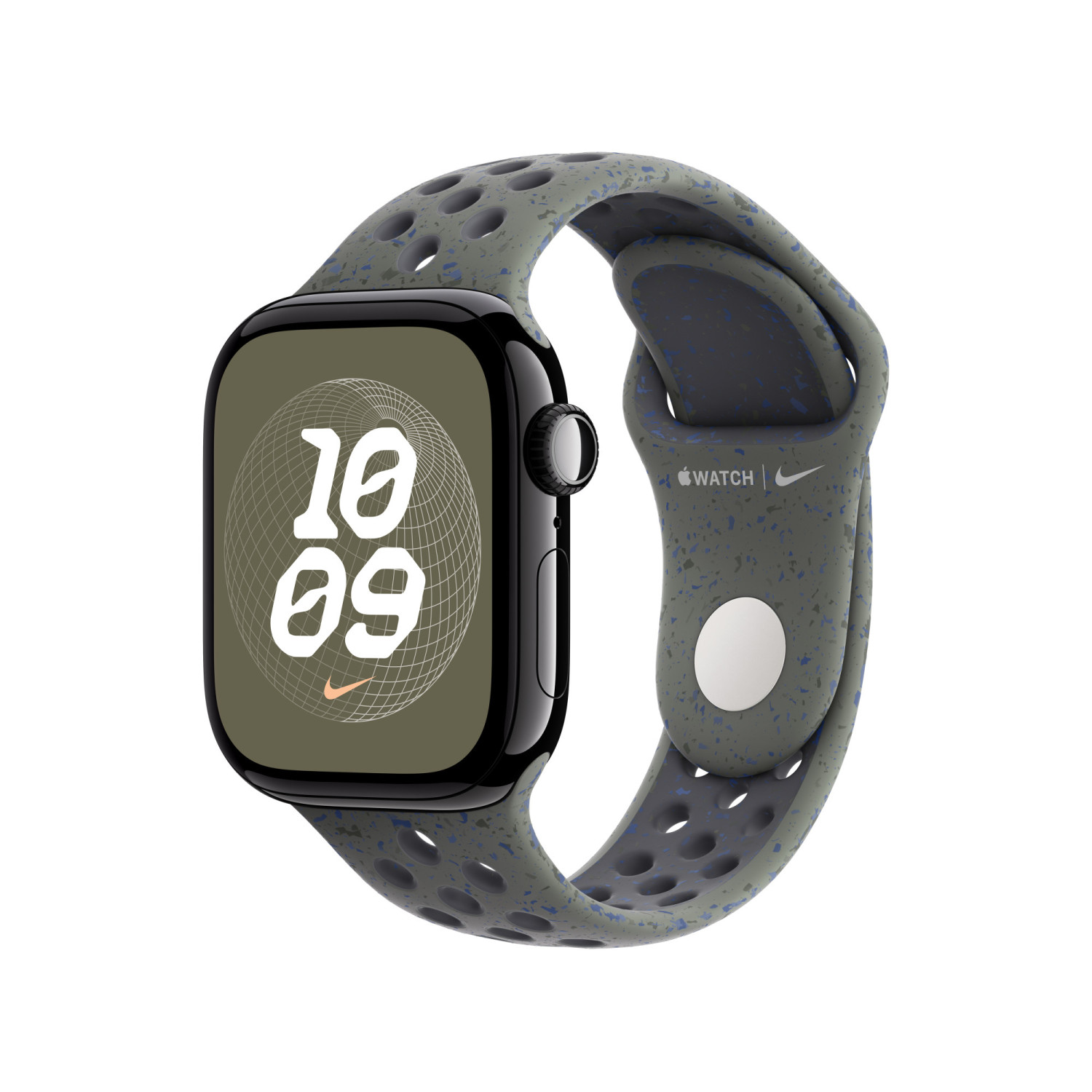 Un Apple Watch grigio screziato con schermo verde che mostra le 10:09.