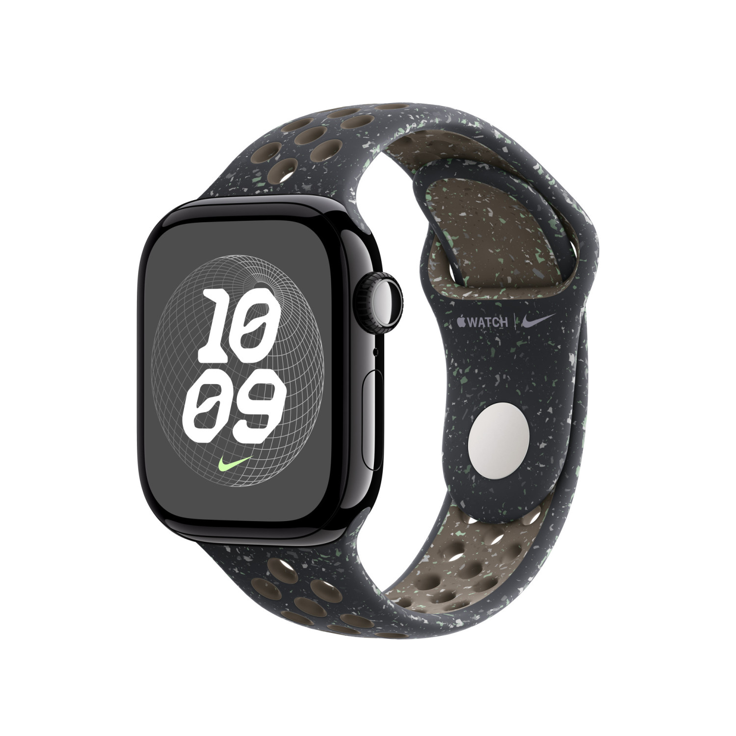 Smartwatch nera con cinturino Nike grigio scuro maculato e forato.
