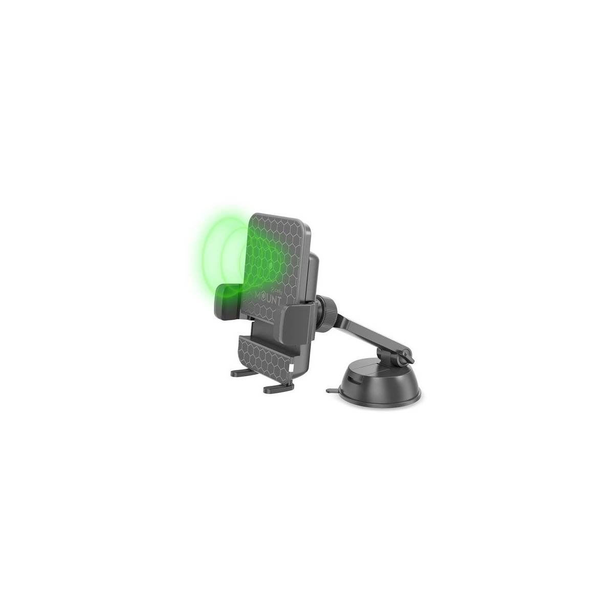 Un soporte negro para teléfono con ventosa y luces de carga verdes.