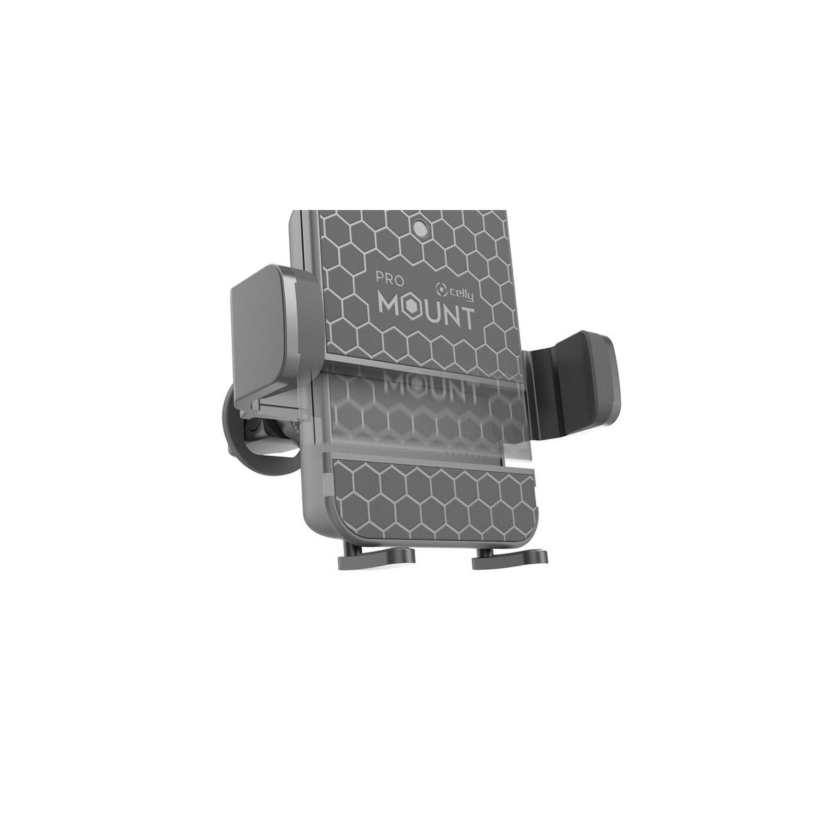 Soporte gris para teléfono con patrón de panal y texto 'PRO MOUNT'.