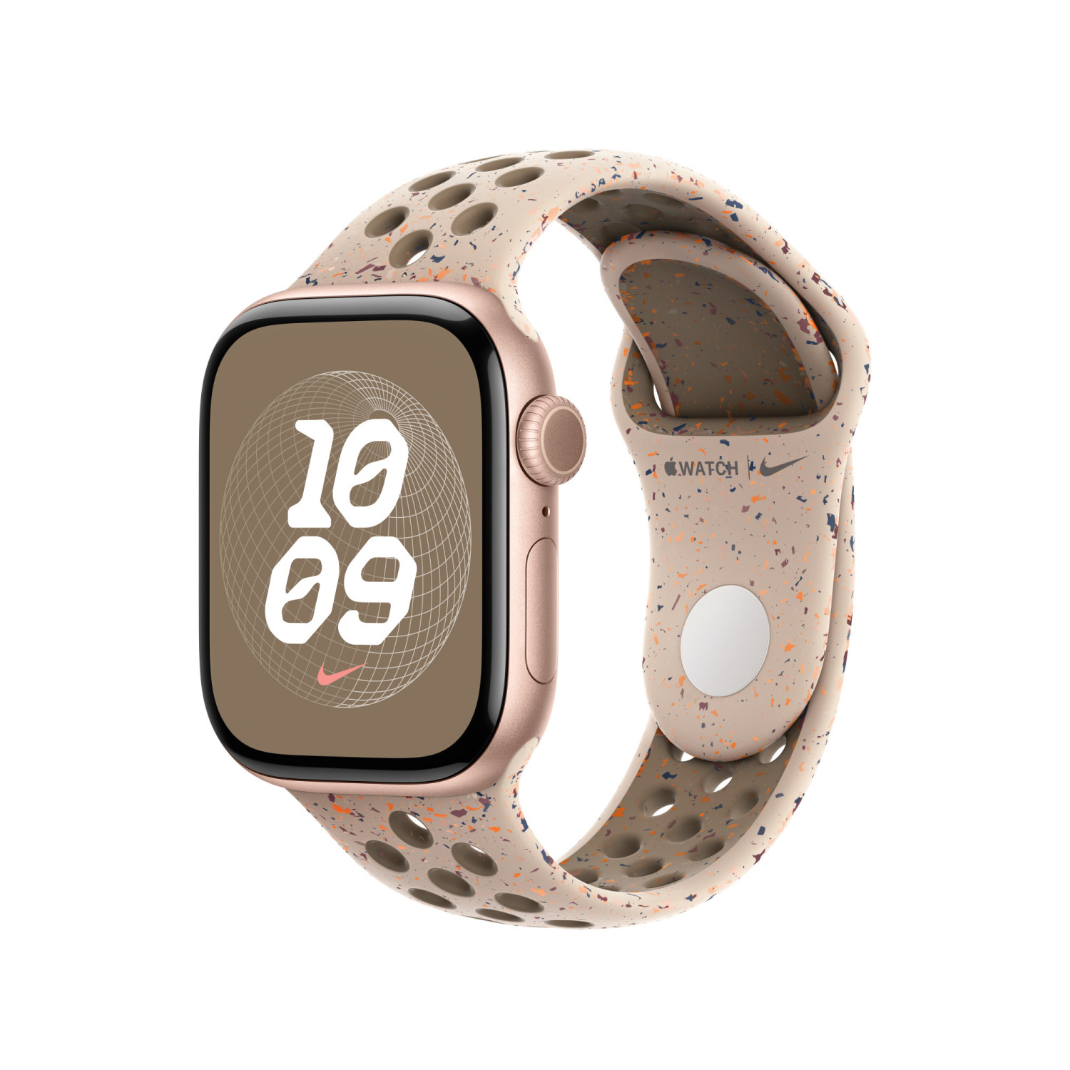 Uno smartwatch oro rosa con cinturino beige screziato mostra le 10:09.