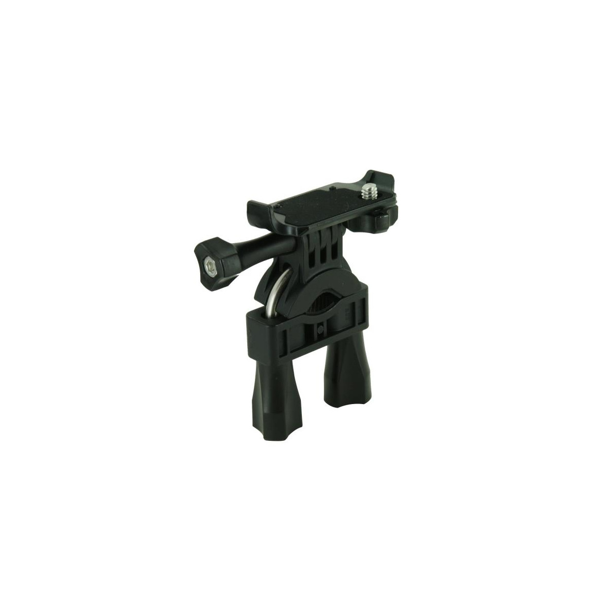 Ein schwarzer Kamerahalter mit verstellbarem Arm und Schraubverschluss auf weißem Hintergrund.