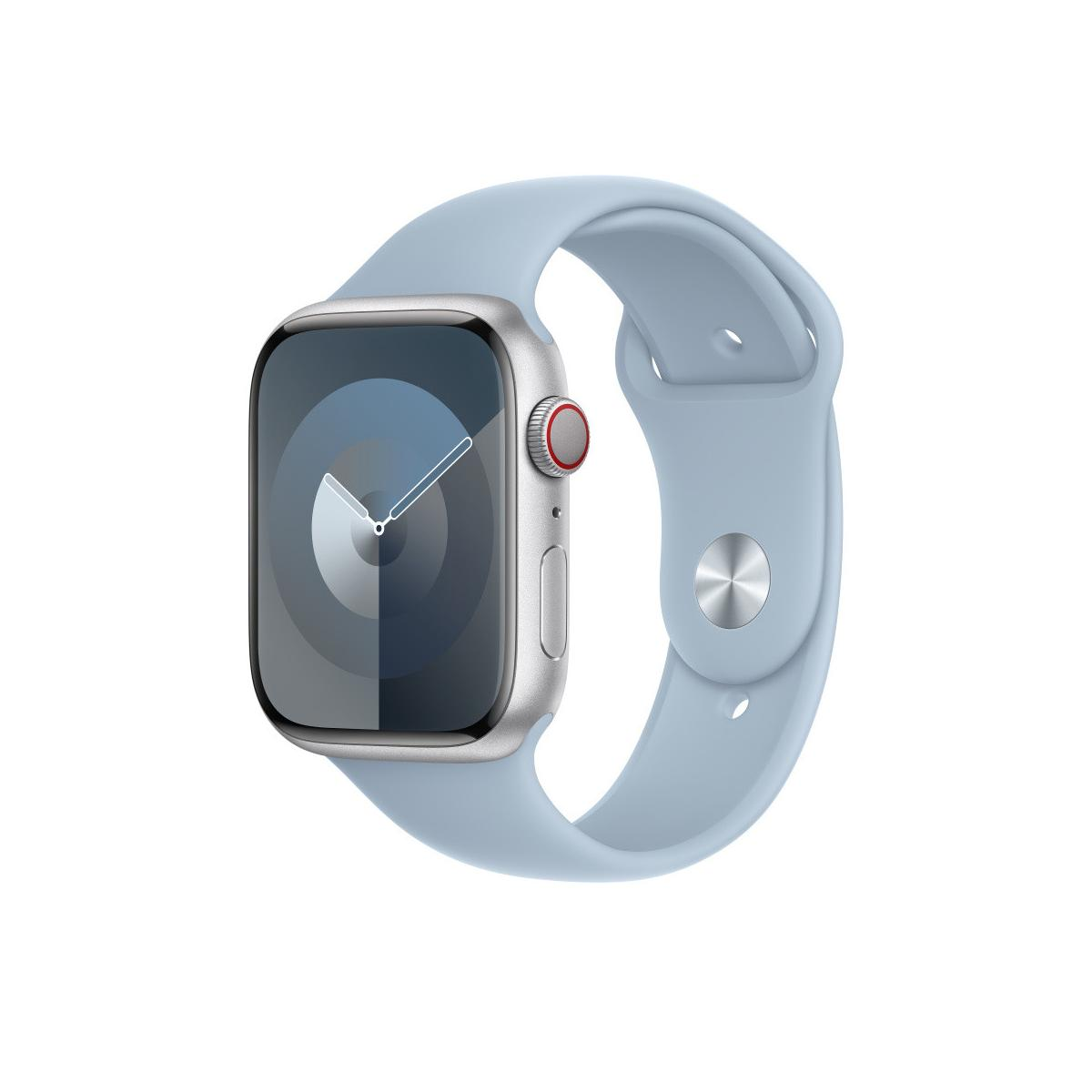 Eine silberne Smartwatch mit hellblauem Band und minimalistischem Zifferblatt.