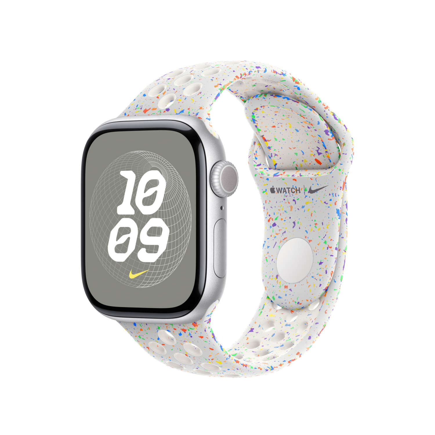 Apple Watch argento con cinturino bianco maculato di coriandoli colorati.