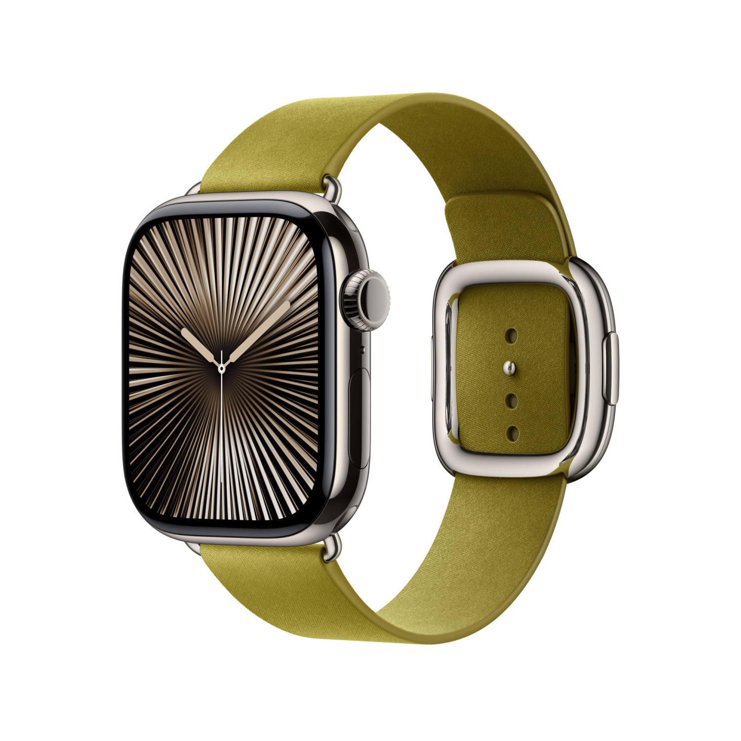 Une montre connectée argentée avec bracelet jaune et cadran stylisé.