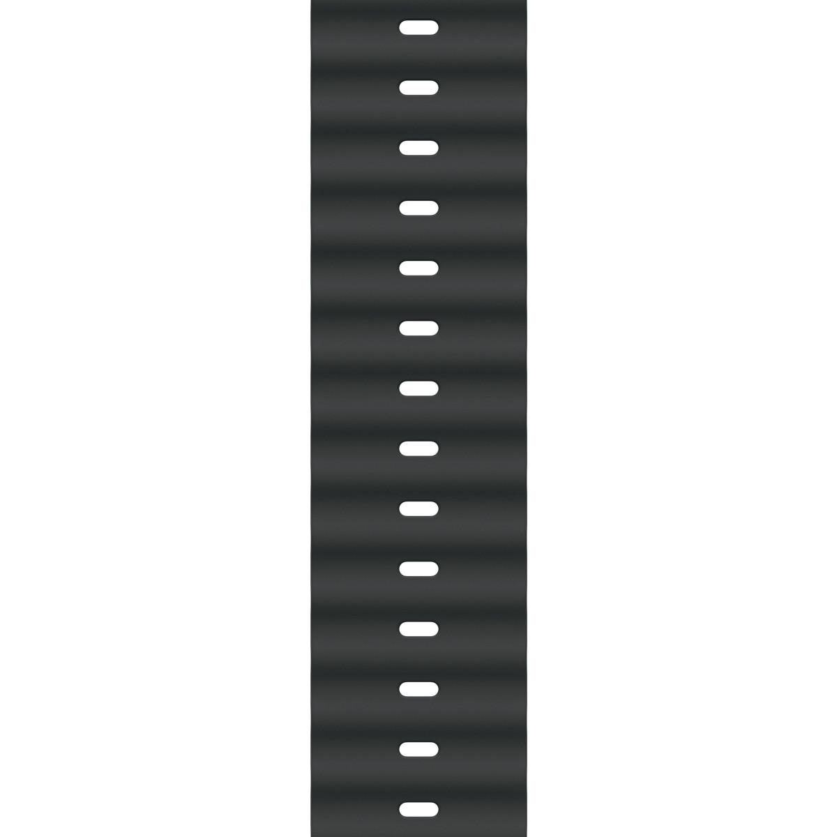 A dark, ribbed watch band with rows of white holes.