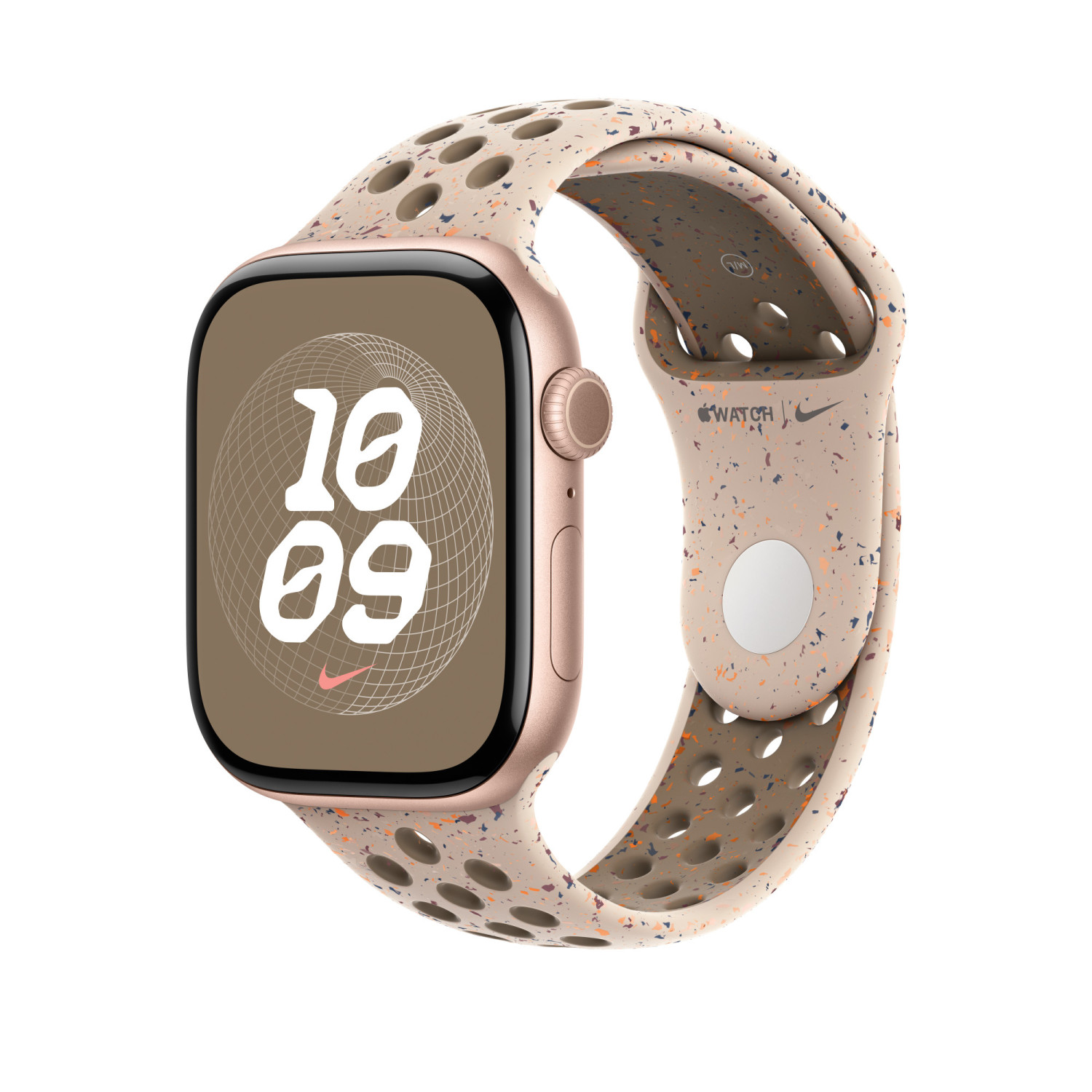 Une montre connectée or rose avec bracelet à motifs et trous.