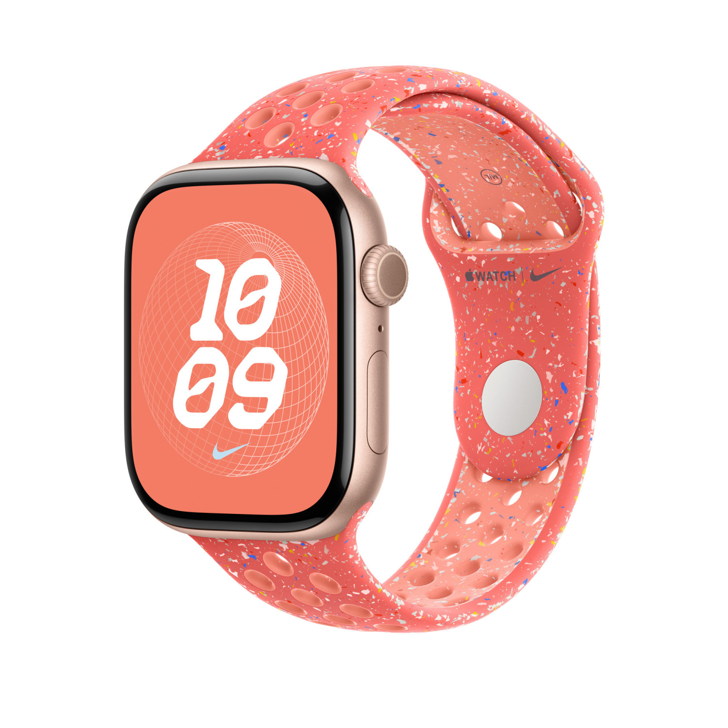 Un orologio sportivo rosa che mostra le 10:09 sullo schermo.
