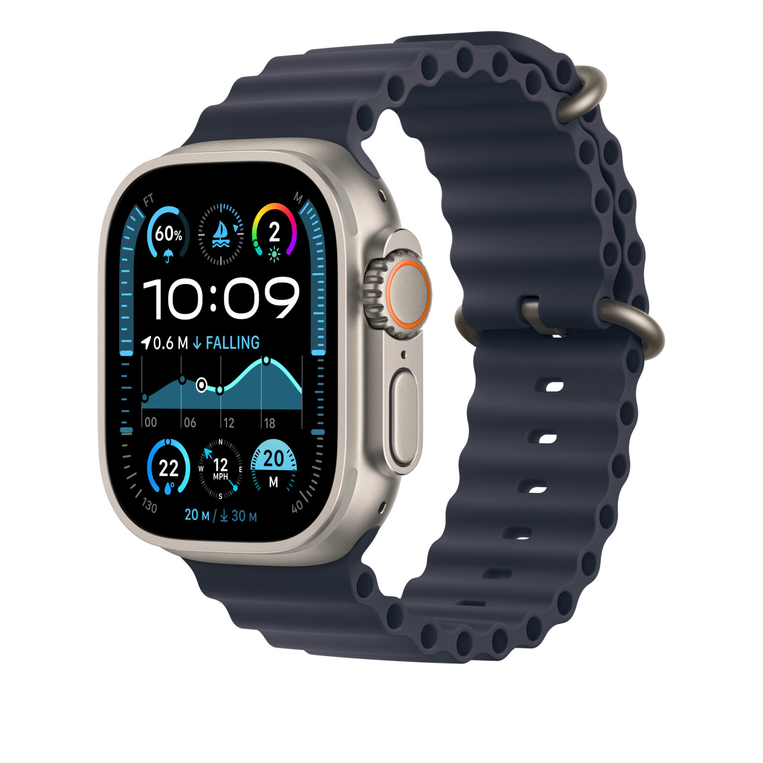 Smartwatch grigio con cinturino blu, mostra le 10:09, meteo e profondità caduta.