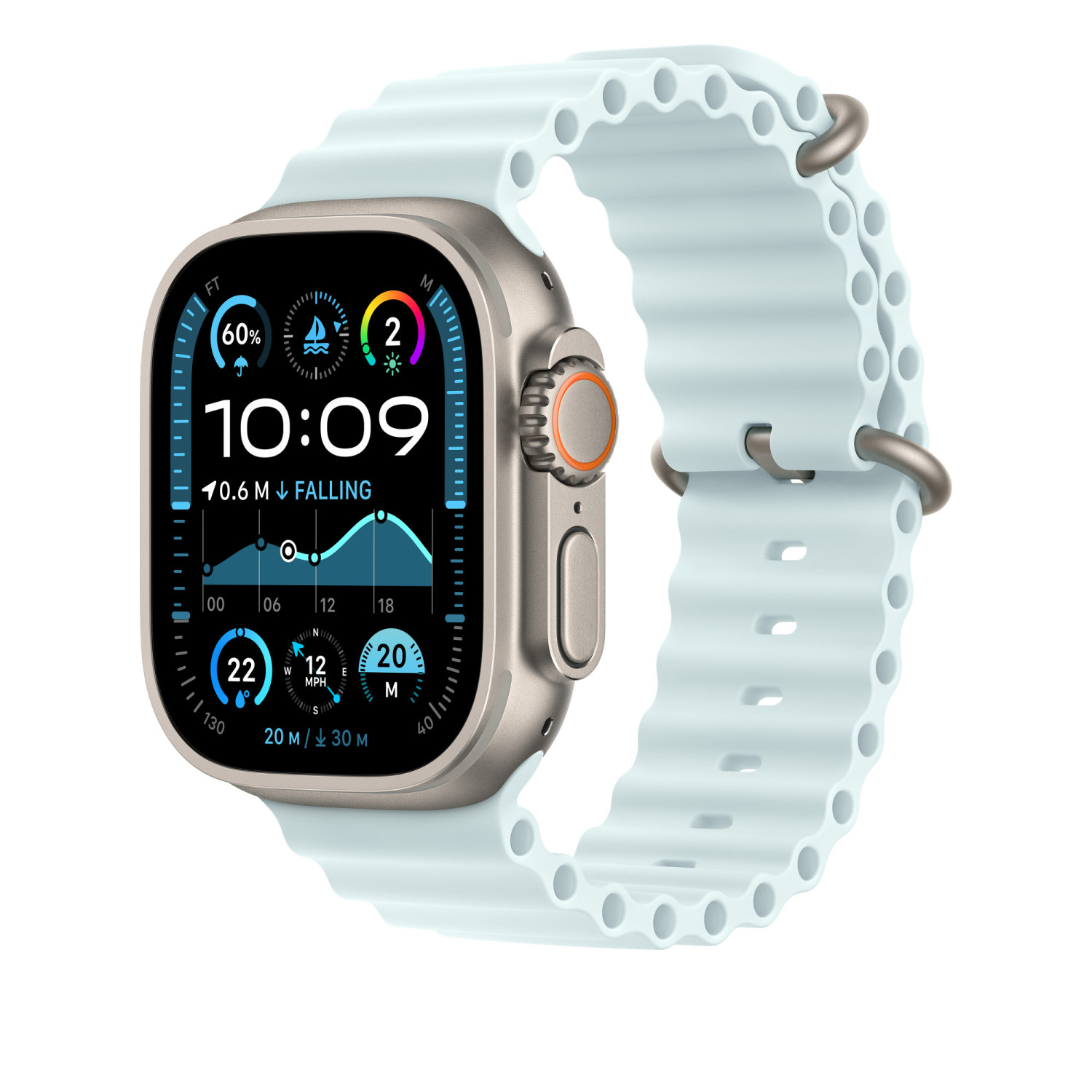 Uno smartwatch argentato con cinturino azzurro mostra le 10:09, dati meteo e battito cardiaco.