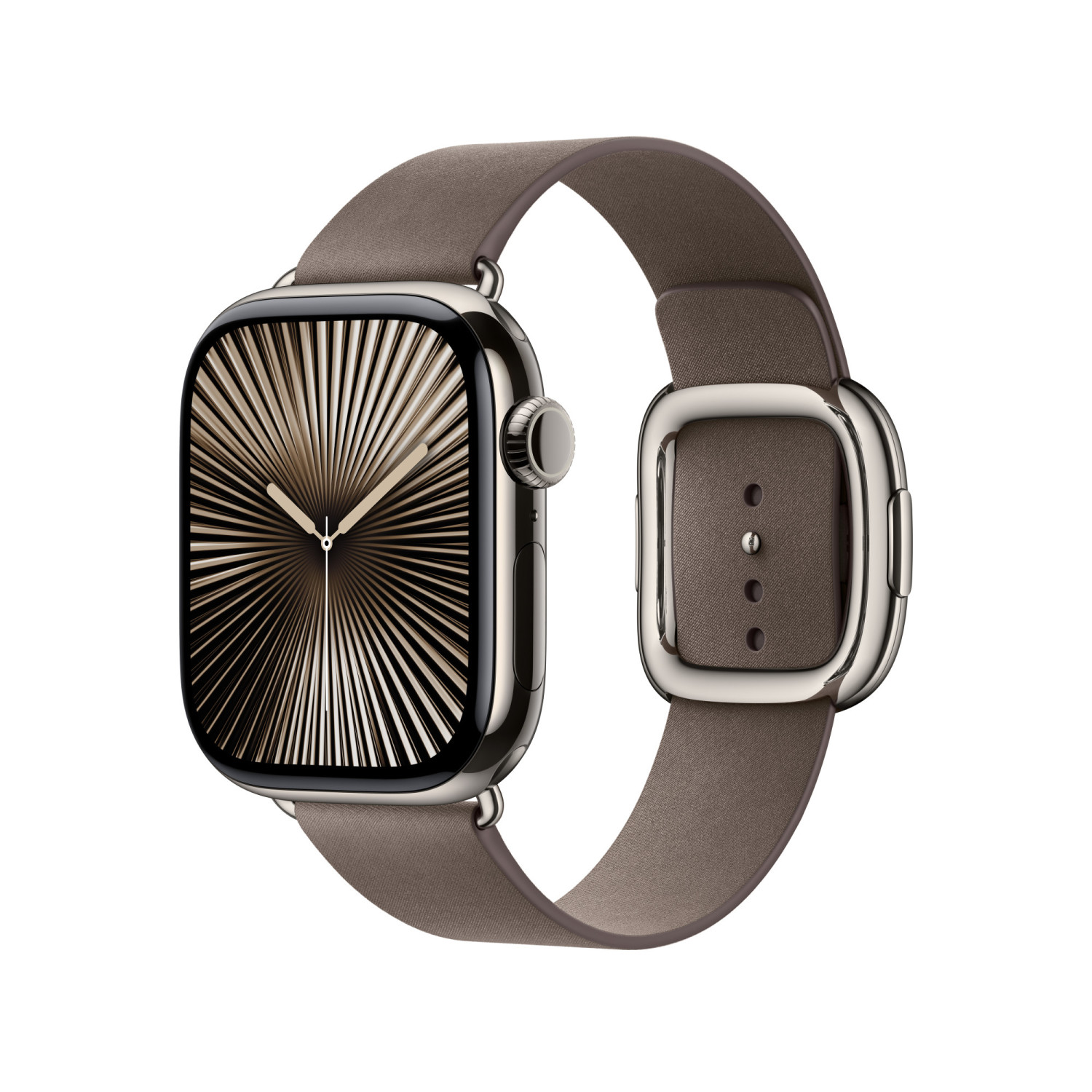 Uno smartwatch argentato con cinturino in pelle marrone e quadrante a raggiera.