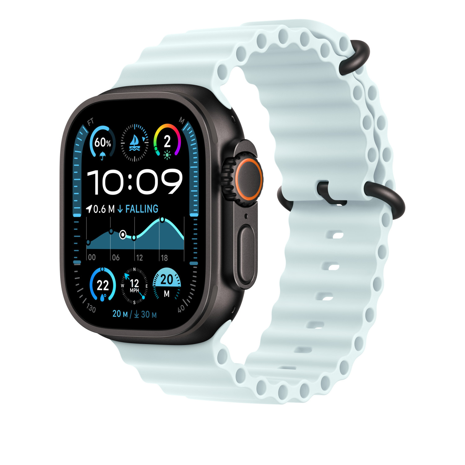 Uno smartwatch azzurro con cassa scura e cinturino ondulato.